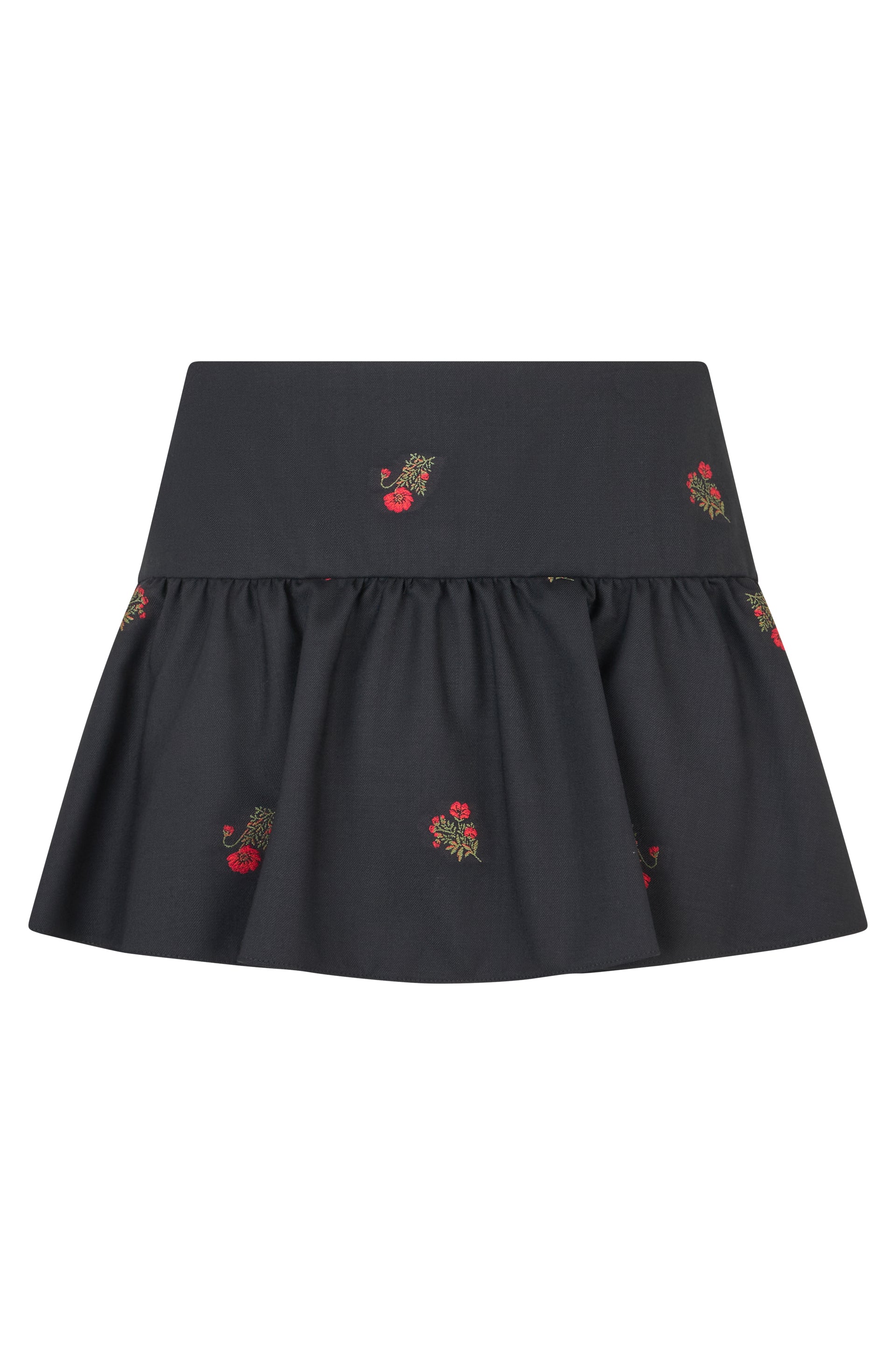Black pleated skirt with small floral embroideries, elegant and versatile.