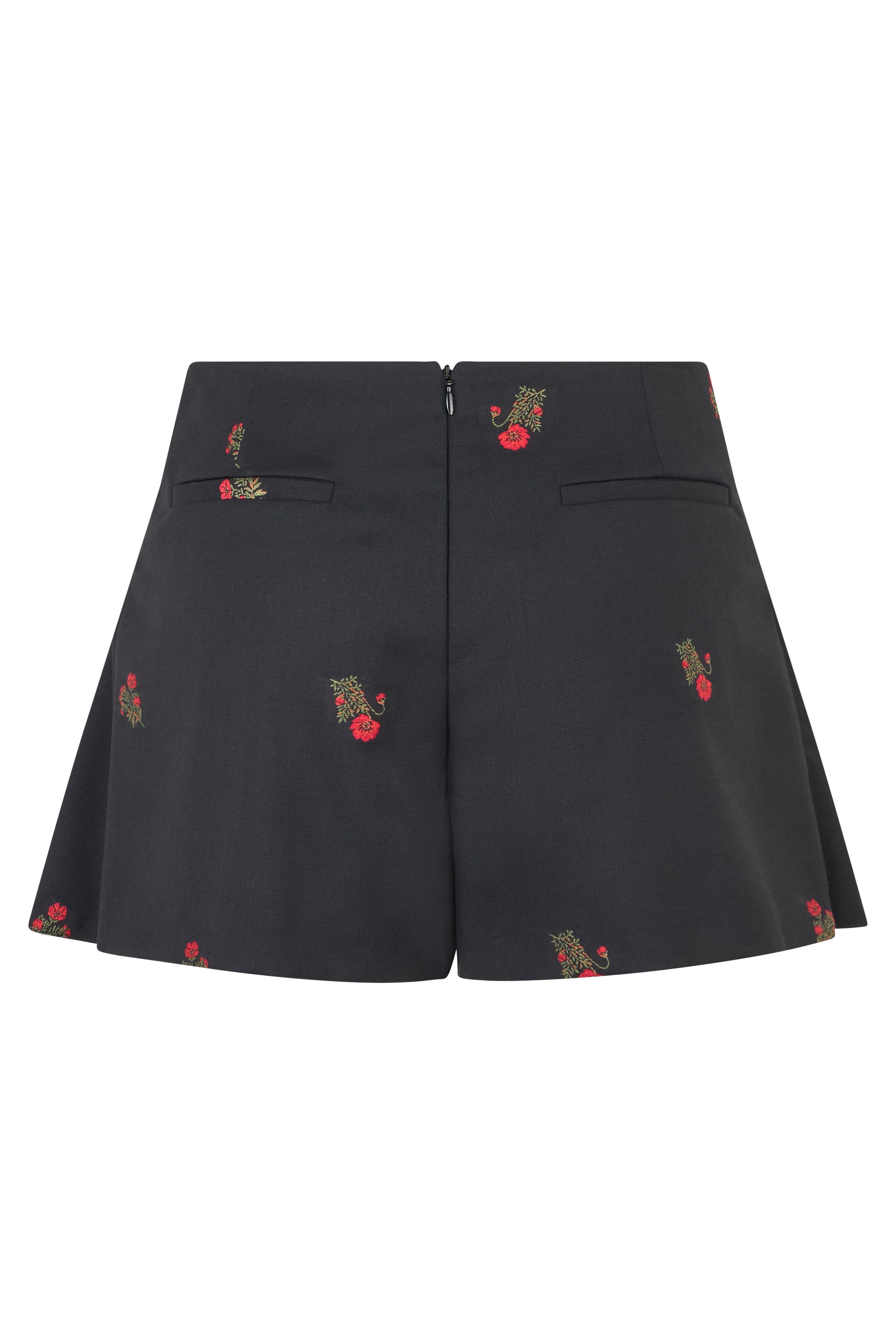 Black pleated skirt with small floral embroideries, elegant and versatile.