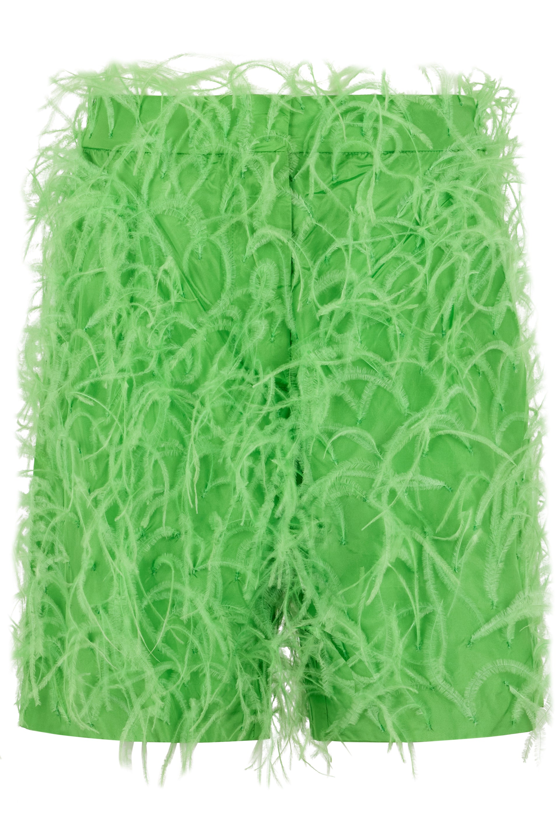 Green short pants with feathers.