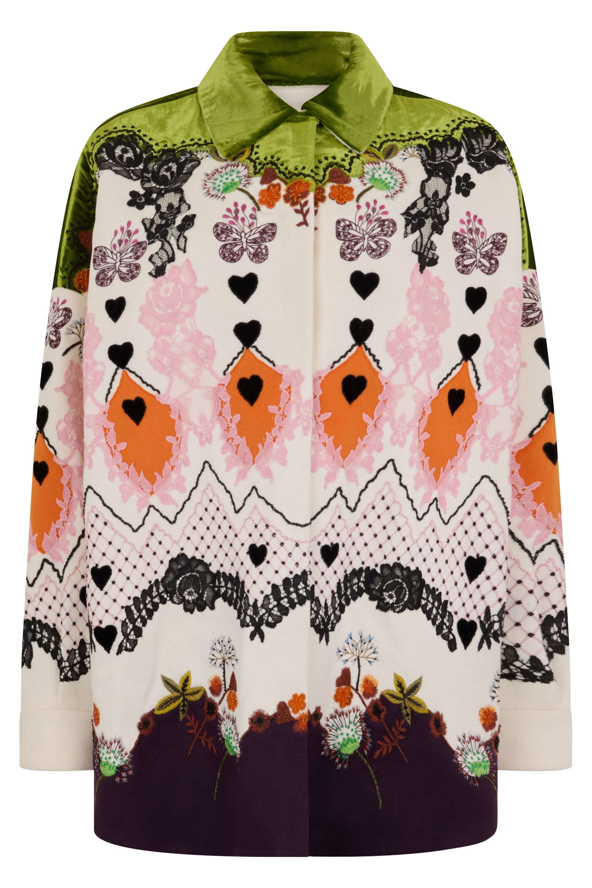 Short coat with various patterns in different colors on a neutral tone, ideal for a polished look