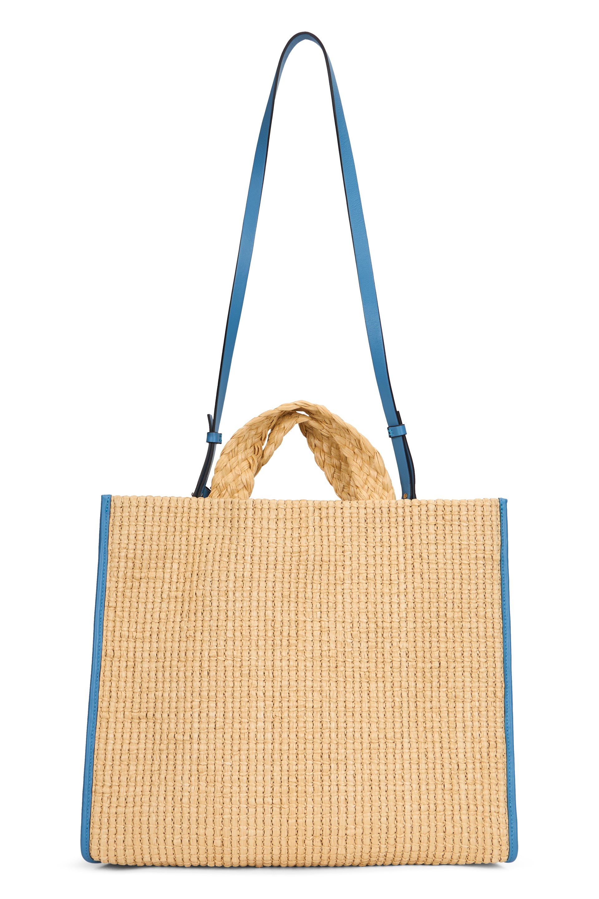 Straw bag with blue lettering in contrast.