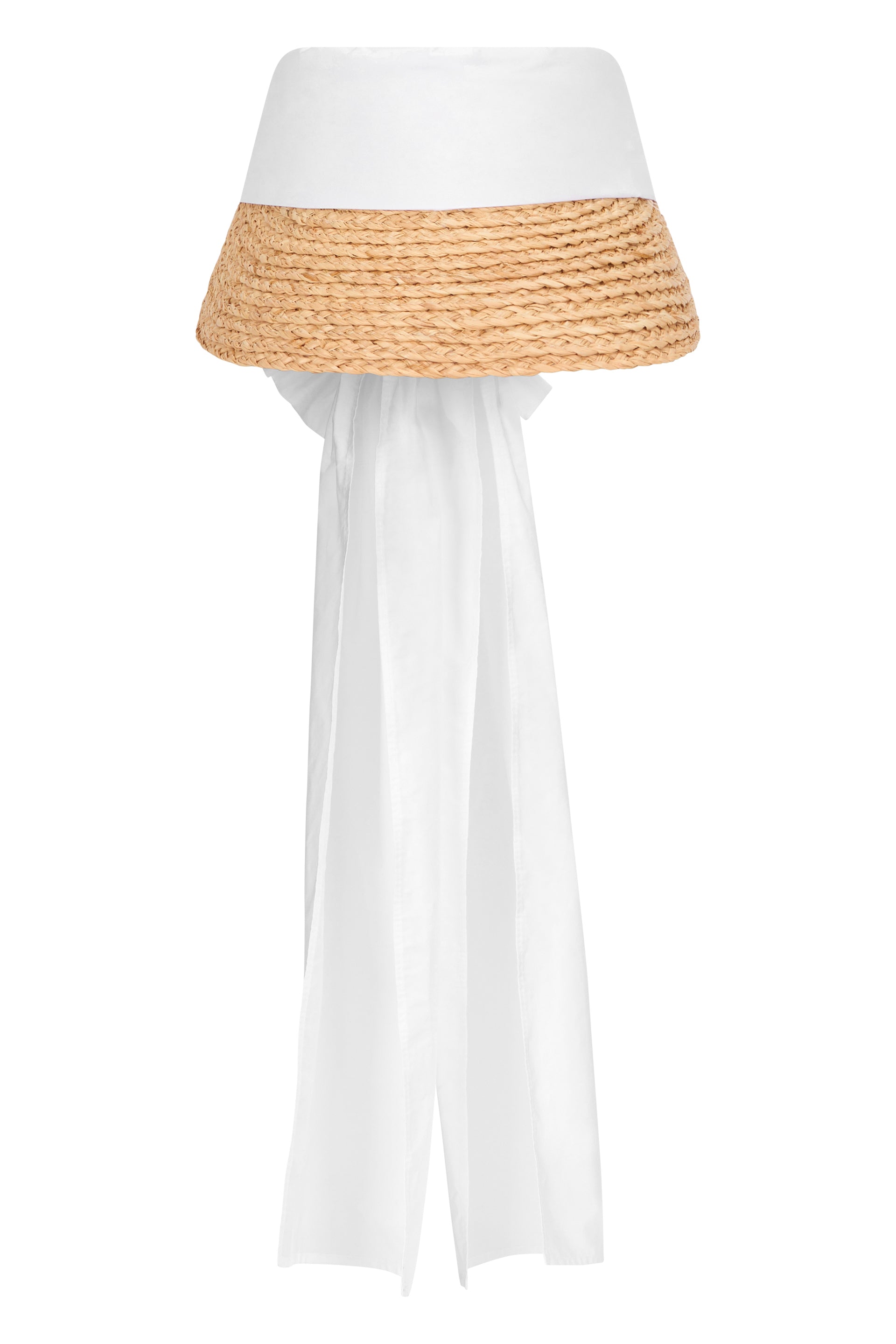 White bucket hat with ribbon, elegant and versatile.