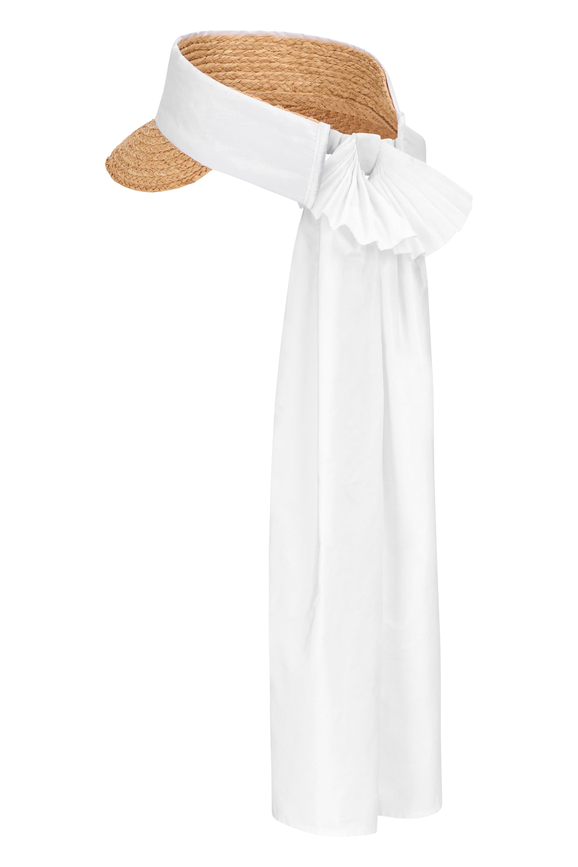 White bucket hat with ribbon, elegant and versatile.