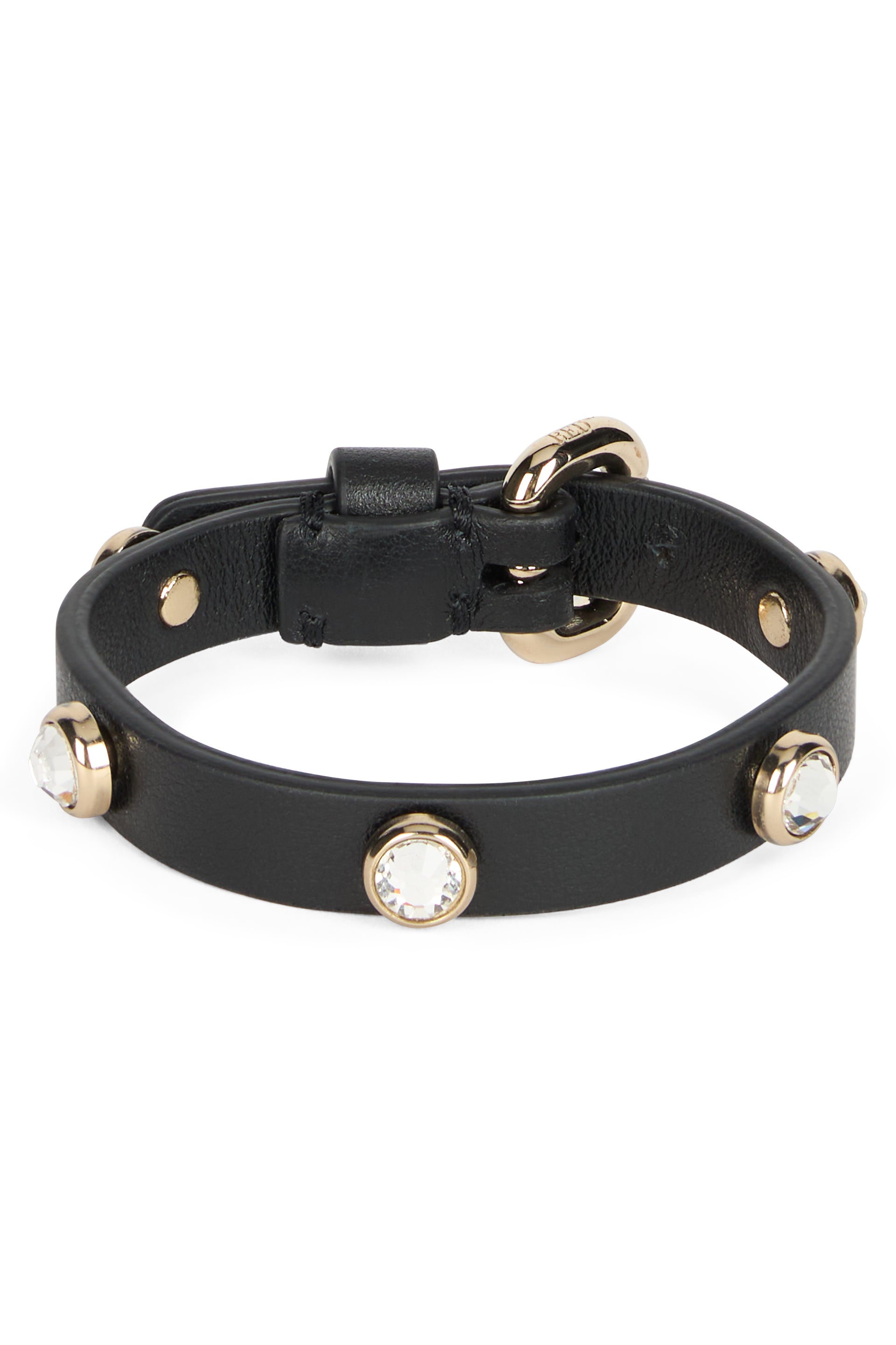 Bracelet in black synthetic leather with decorative stones.
