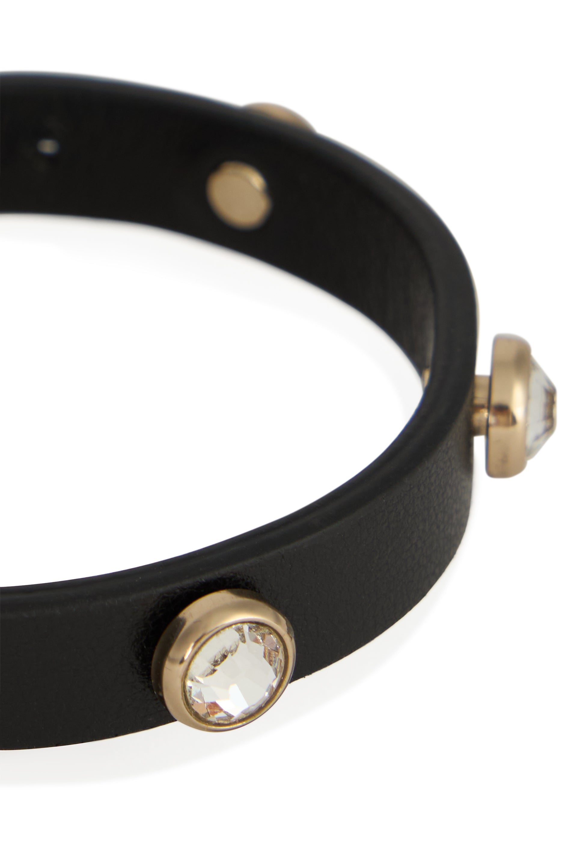 Bracelet in black synthetic leather with decorative stones.