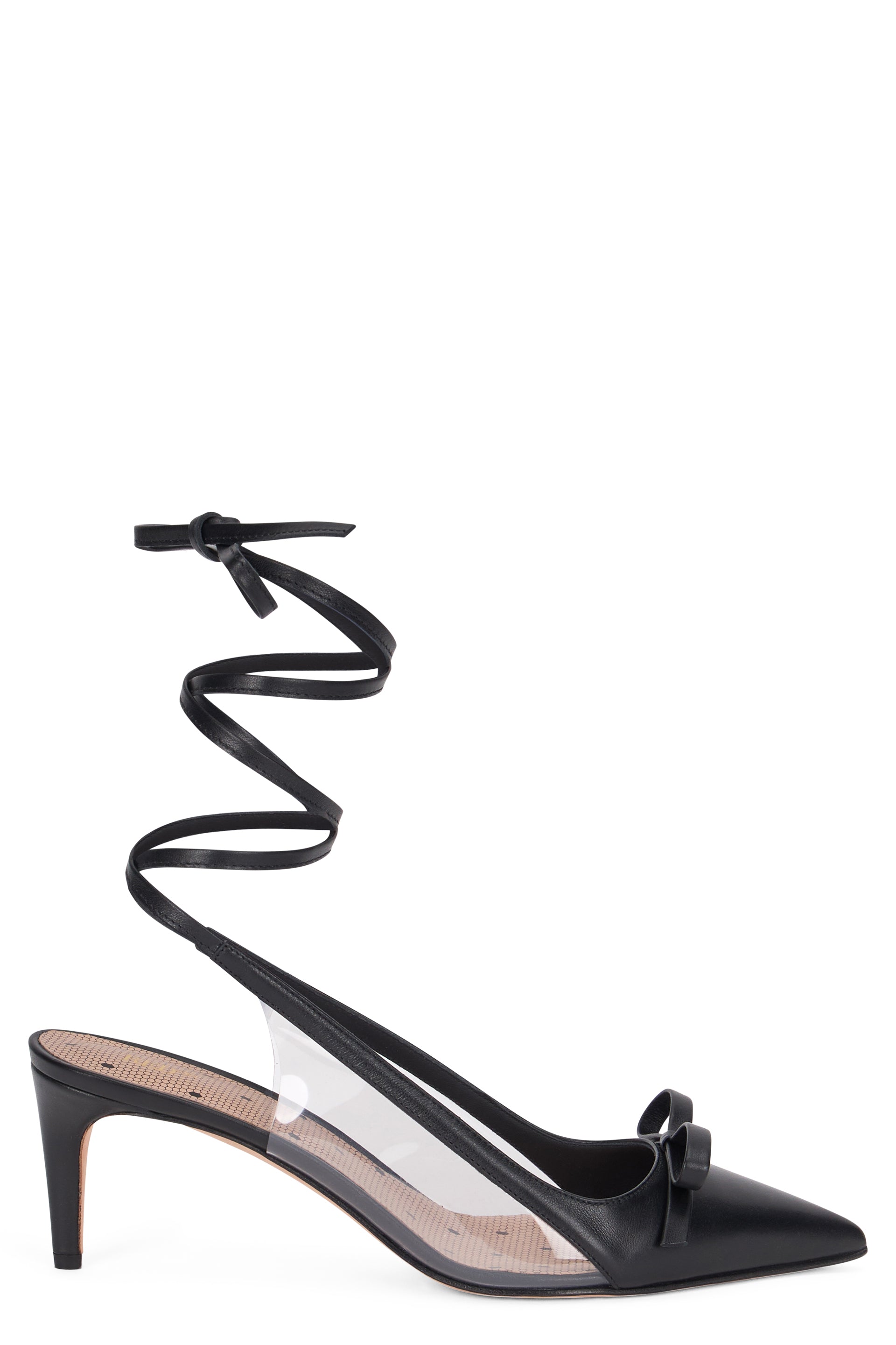 Black sweetheart neckline with a pointed toe and medium heel.