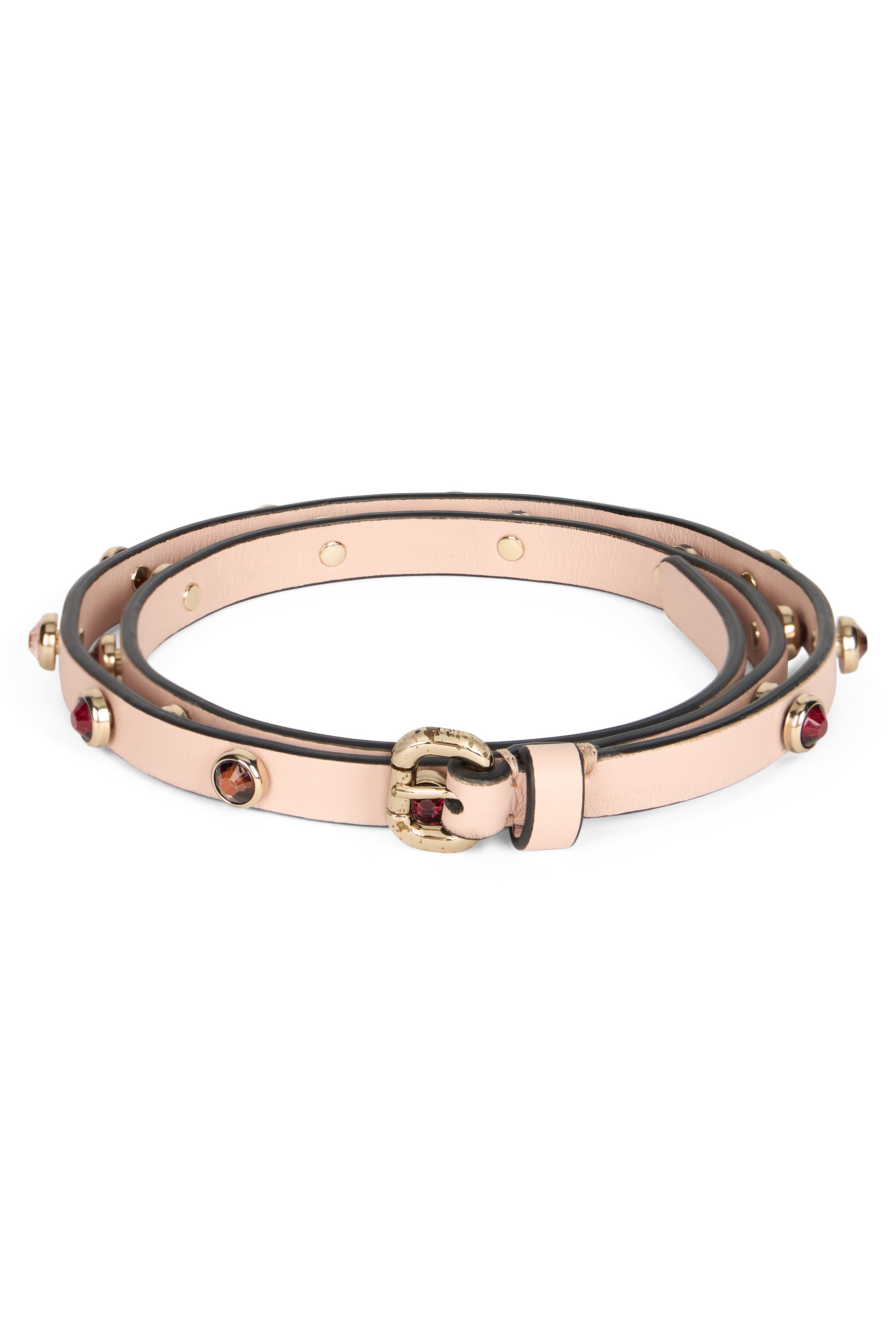 Elegant leather belt with metallic details.