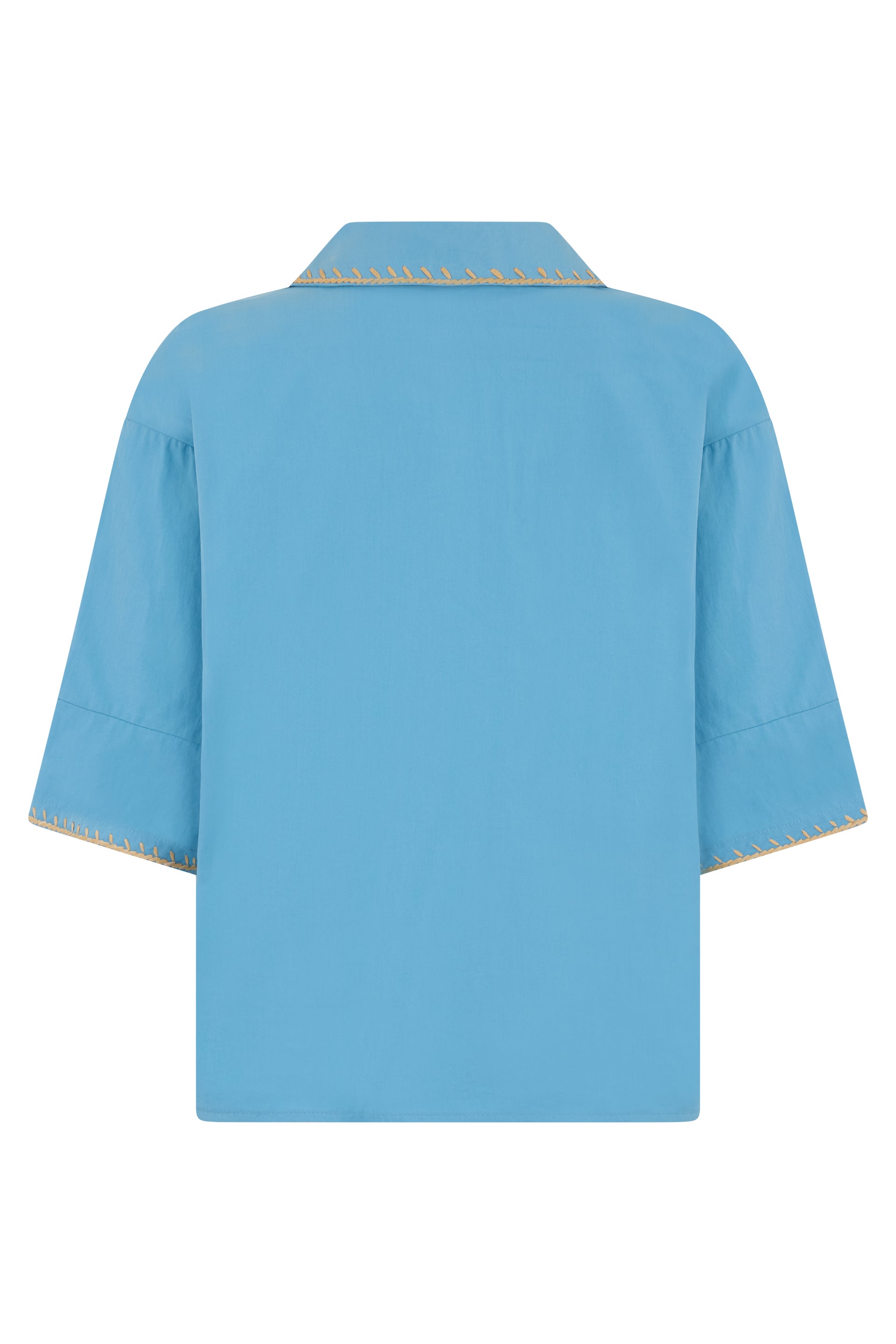 Blue blouse with short sleeves and beige insert.