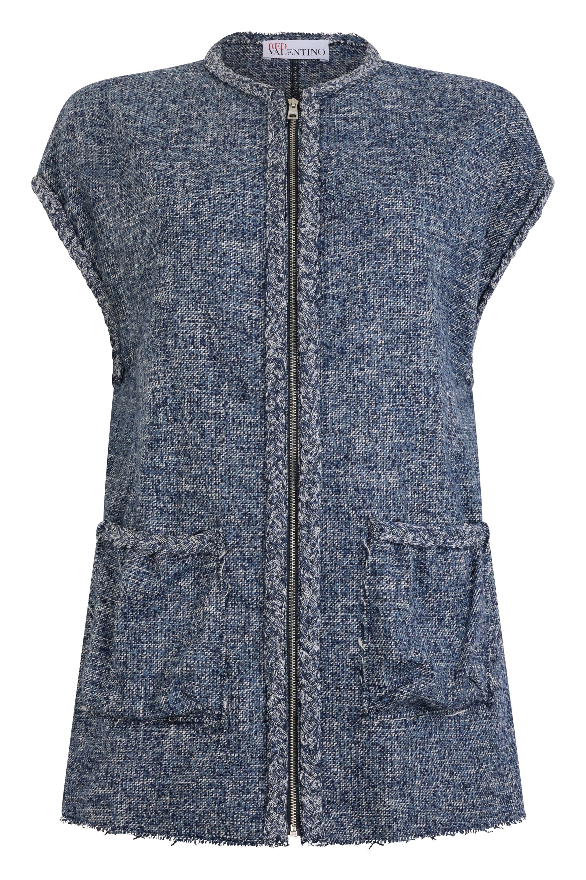 Mini dress in shades of blue with short sleeves.