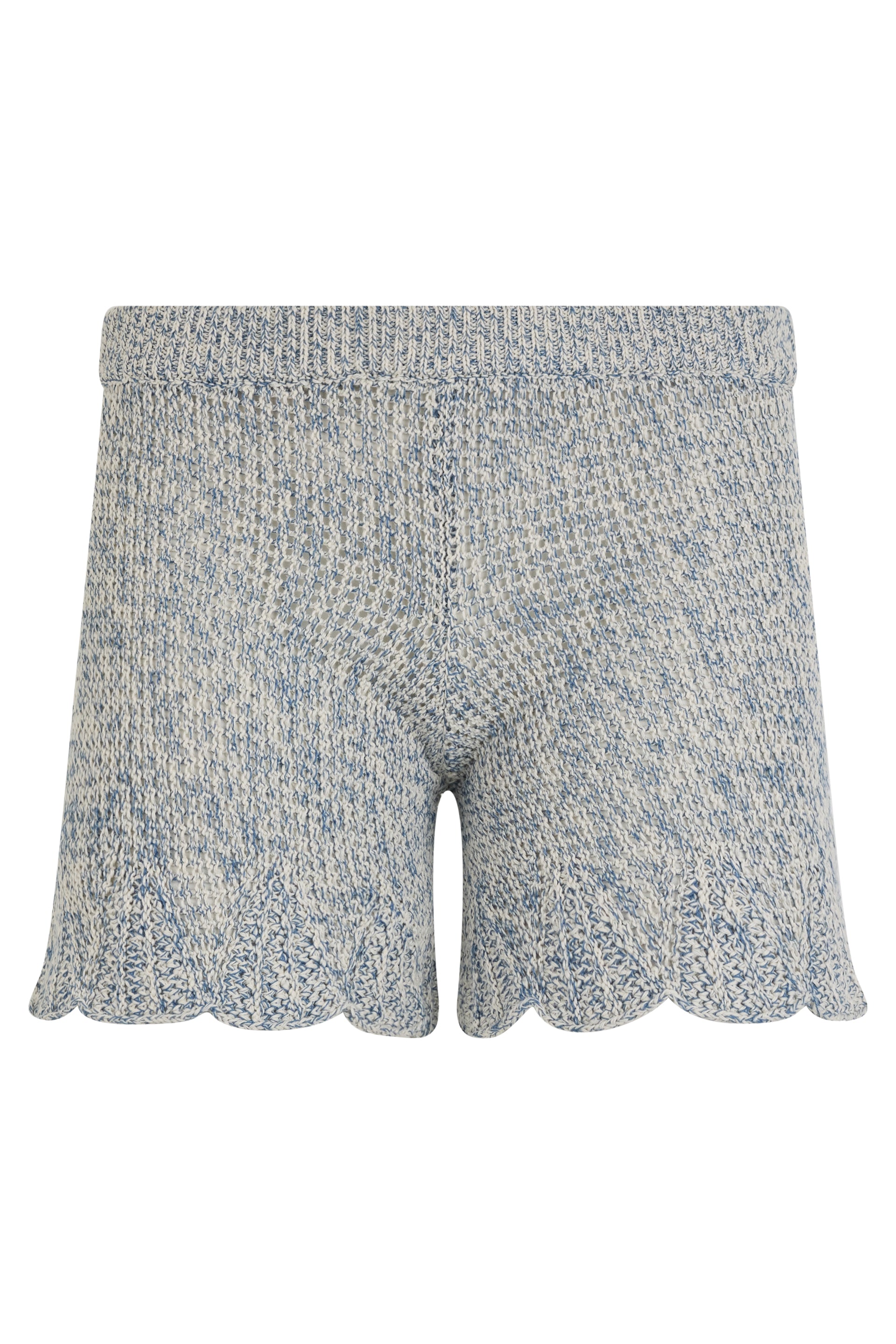 Beige and blue soft shorts with wavy hem.