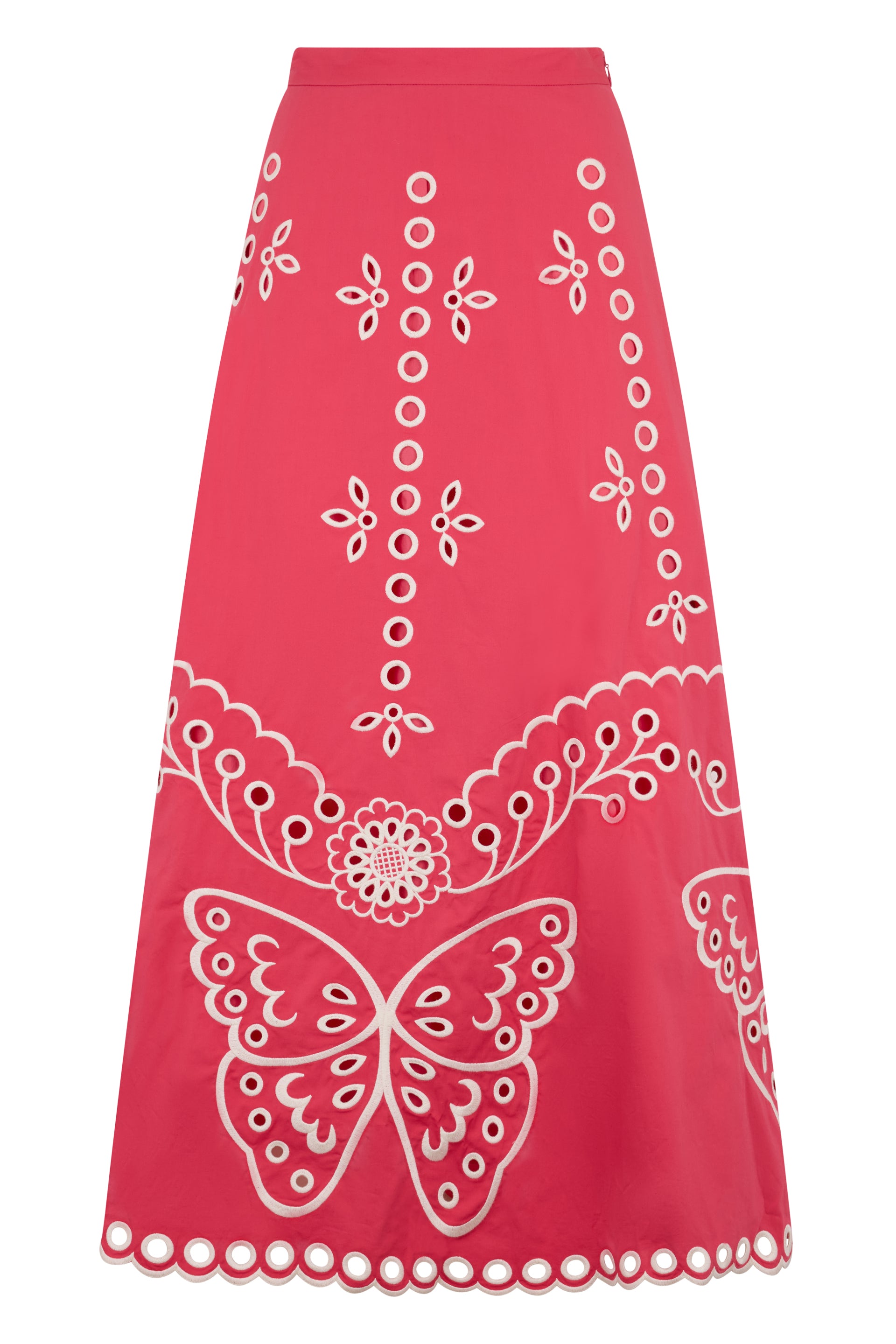 Long skirt with decorative inserts of elegant design.