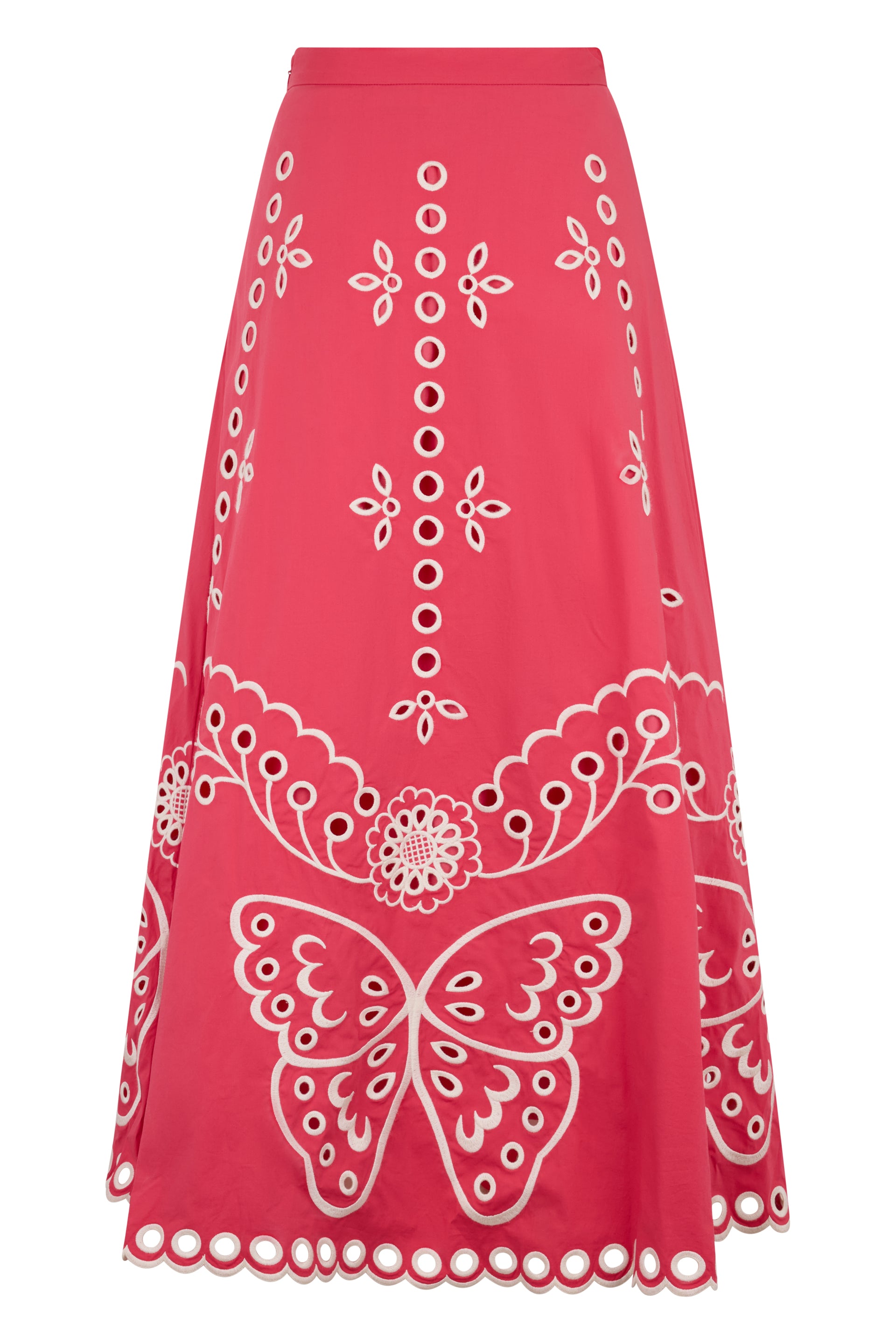 Long skirt with decorative inserts of elegant design.