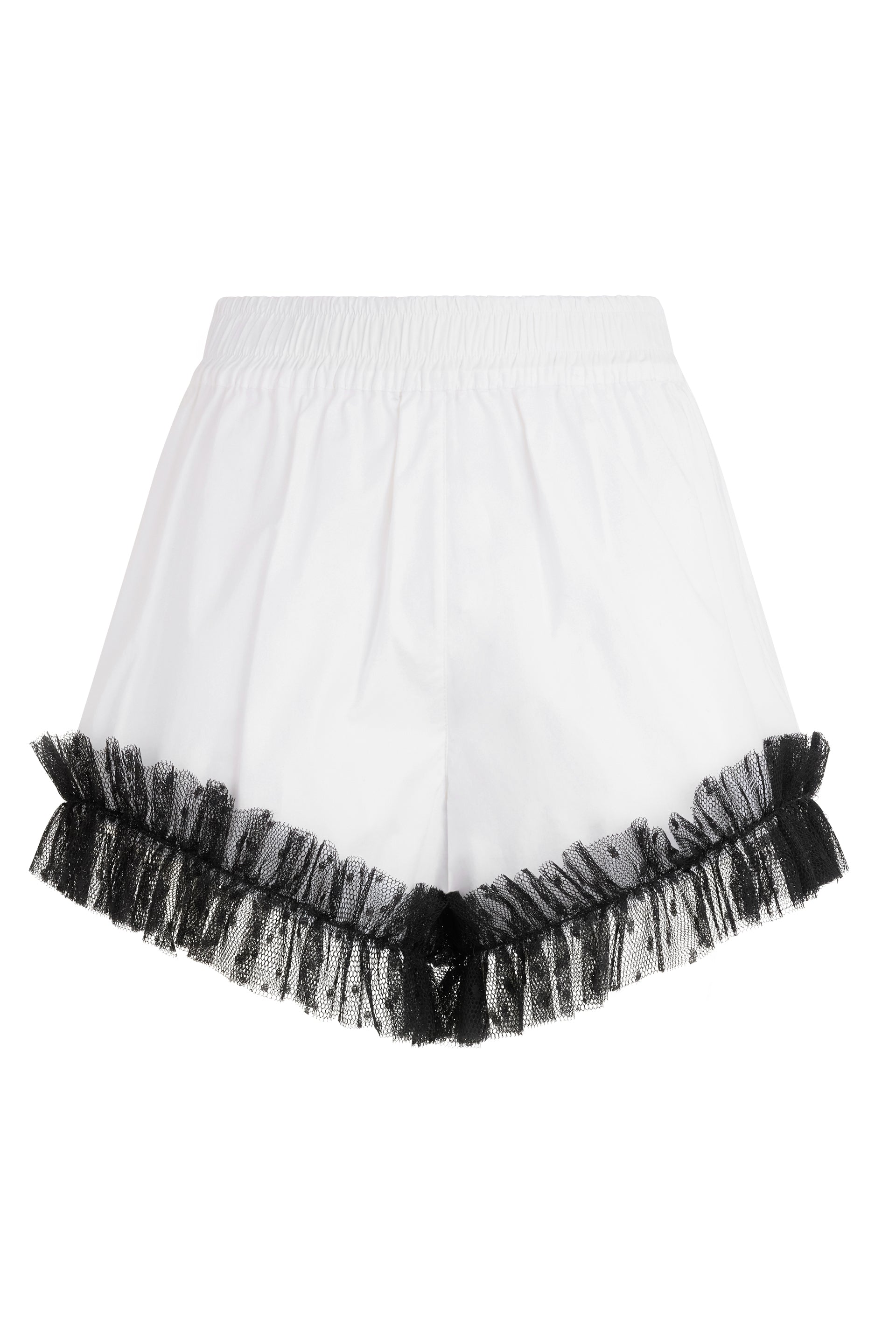 Elegant white shorts with black tulle at the hem.