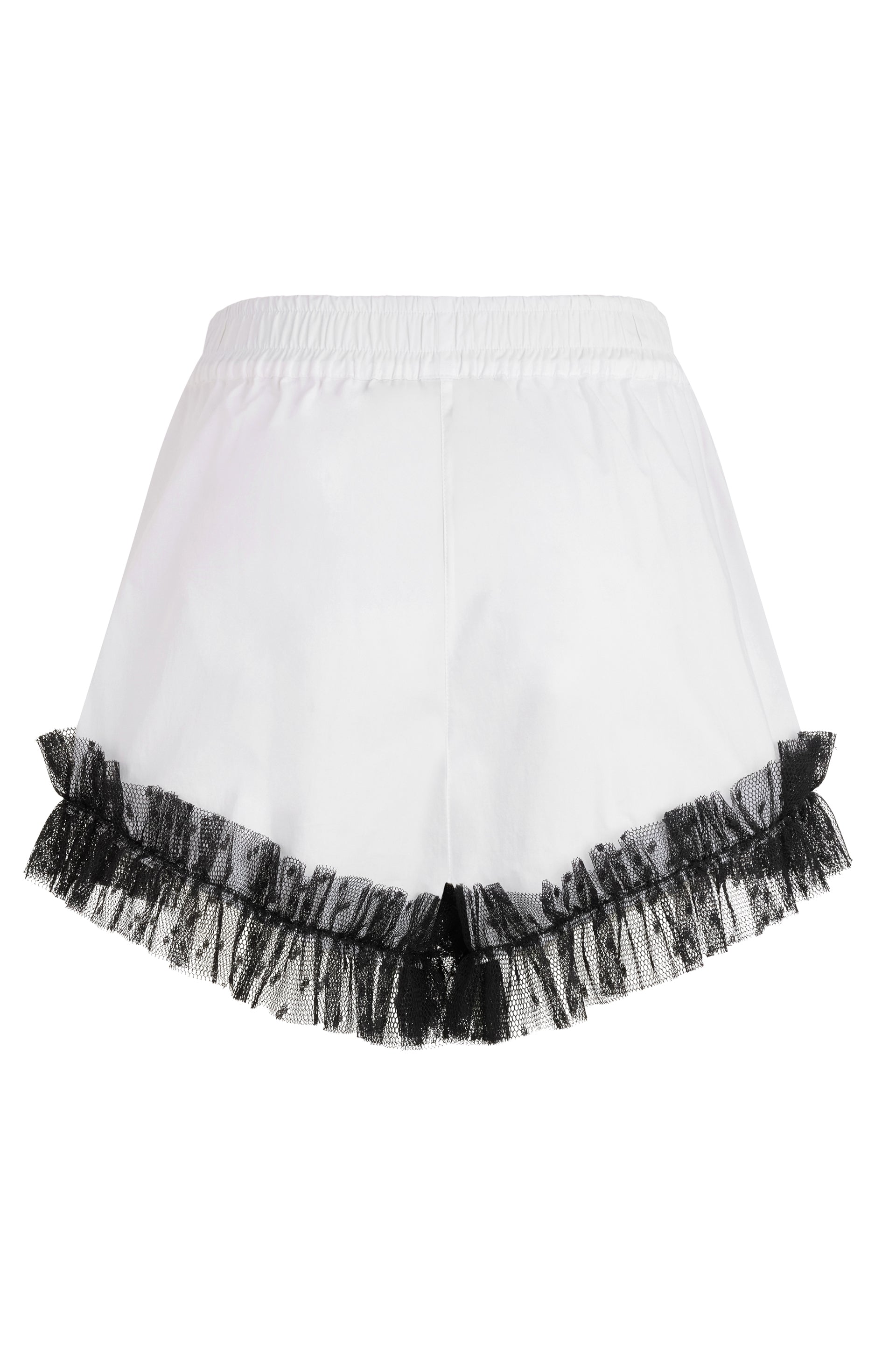 Elegant white shorts with black tulle at the hem.