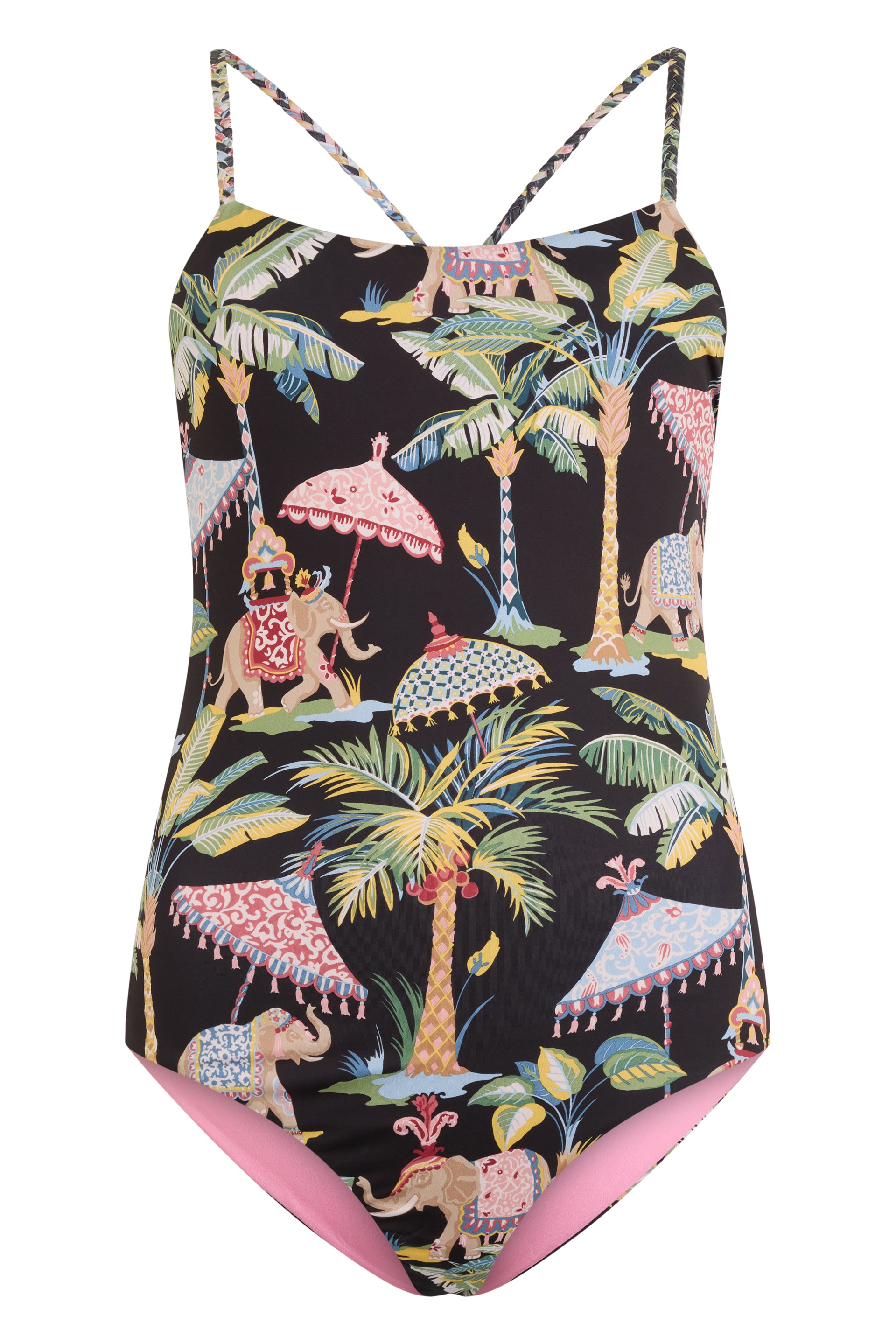 Black one-piece swimsuit with crossed straps and colorful print.