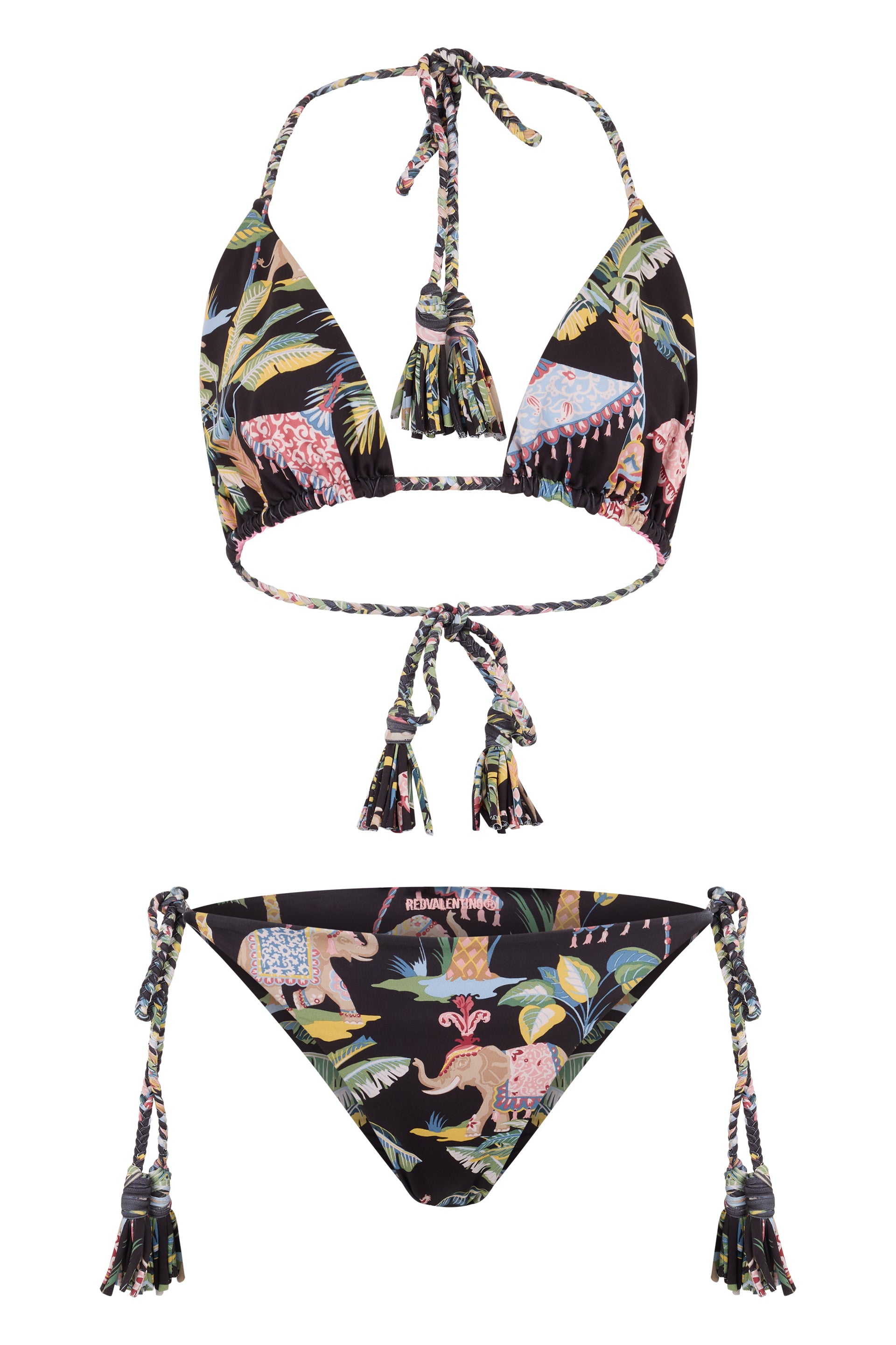 Floral bikini with fringes and adjustable ties.