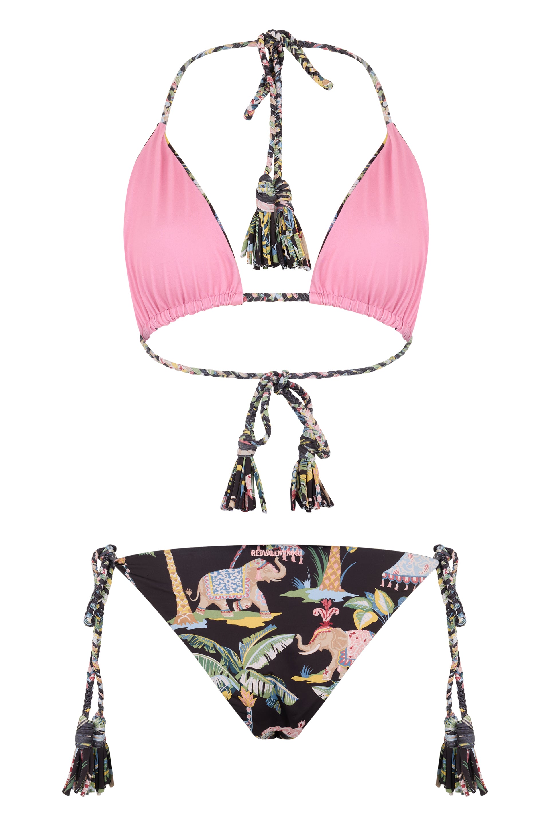 Floral bikini with fringes and adjustable ties.