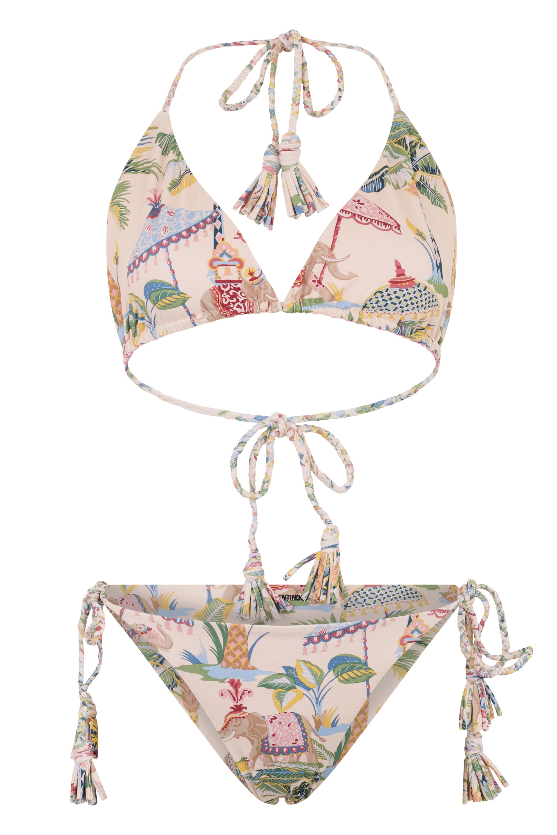 Beige two-piece swimsuit with a colorful and elegant print.