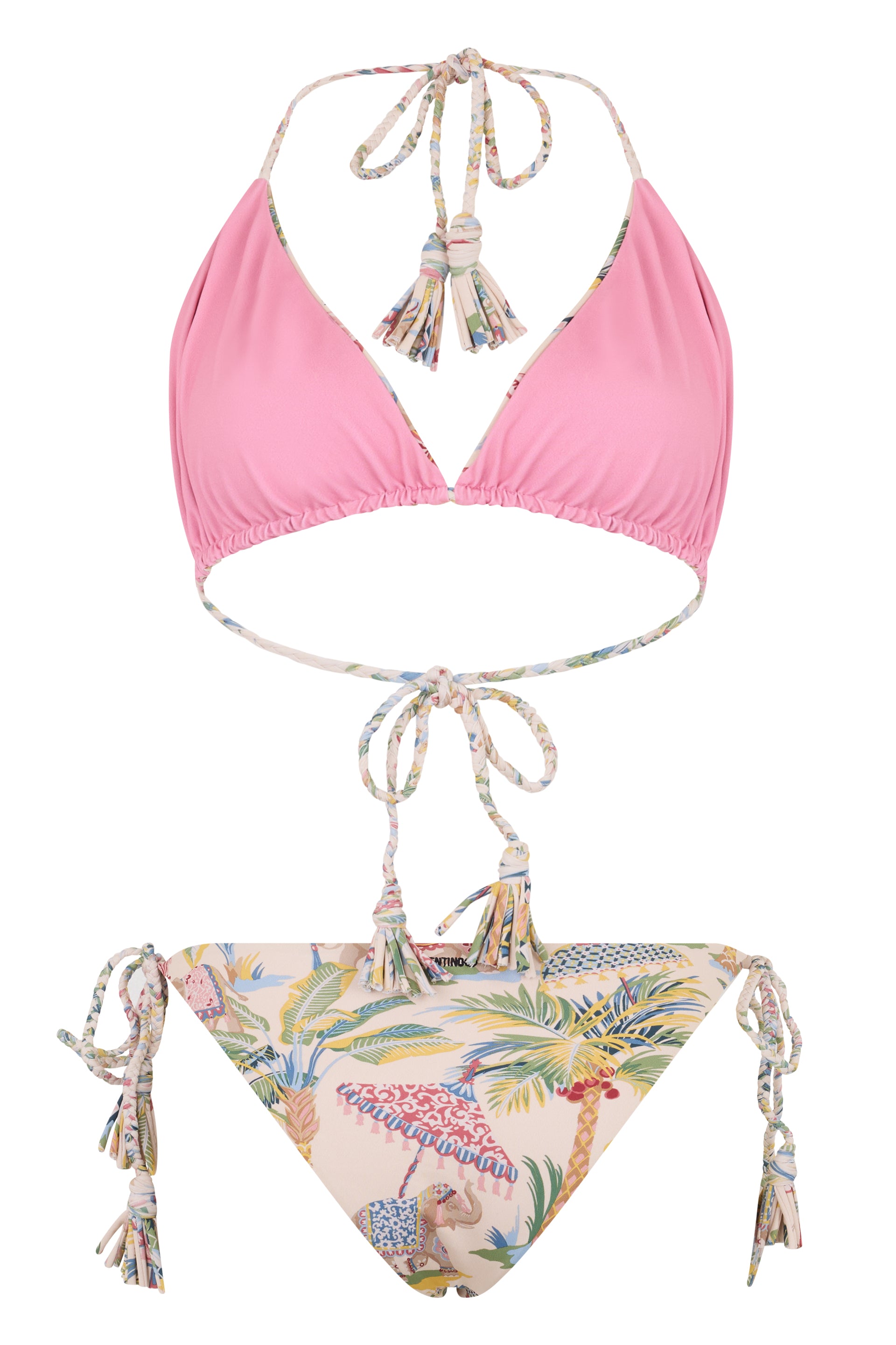 Beige two-piece swimsuit with a colorful and elegant print.