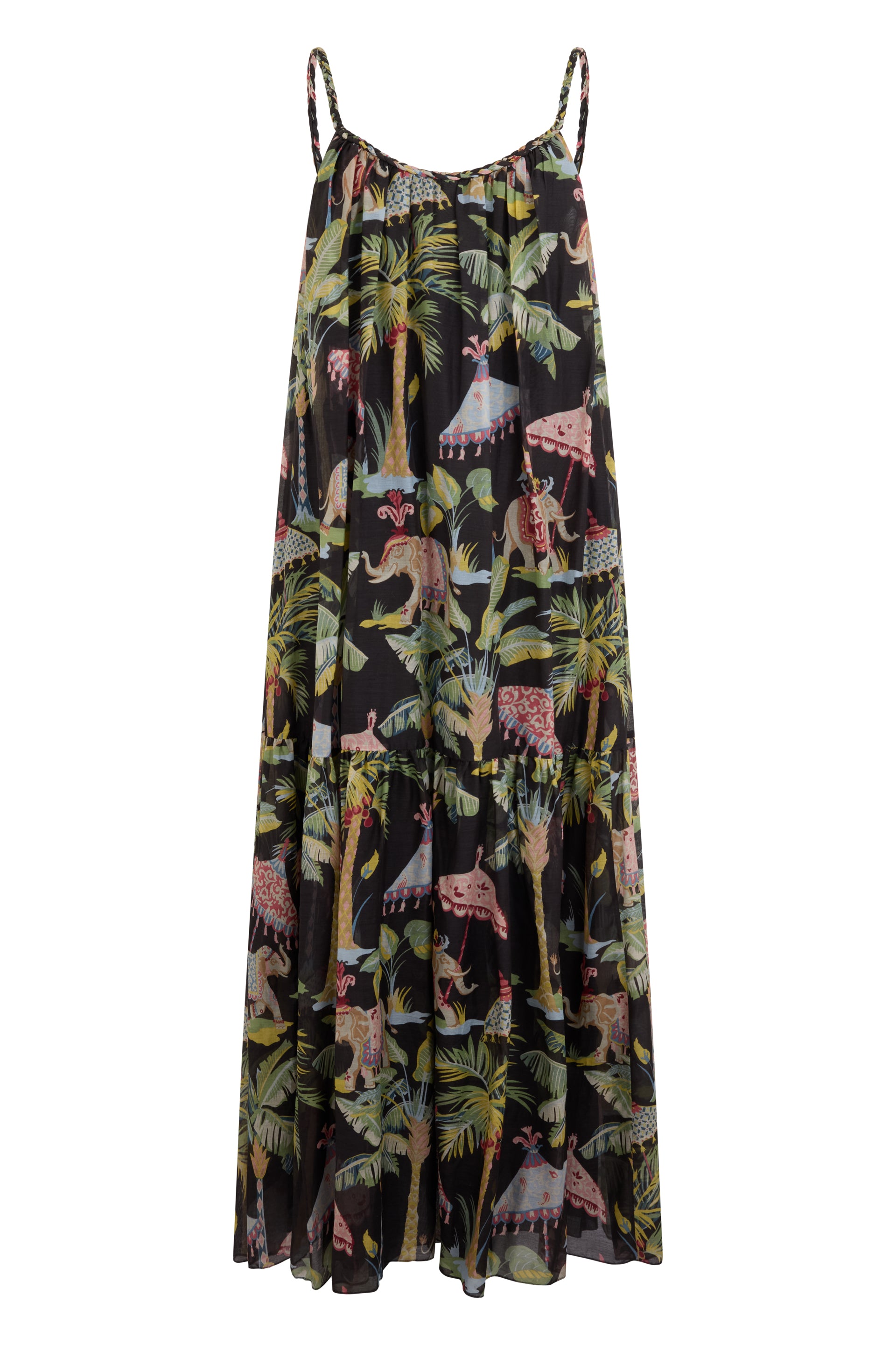 Long black dress with colorful print, versatile and casual.