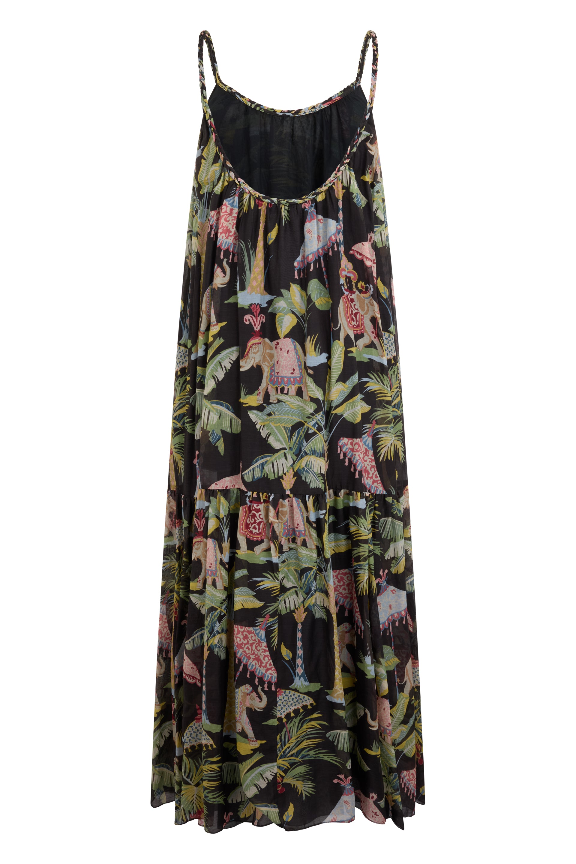 Long black dress with colorful print, versatile and casual.