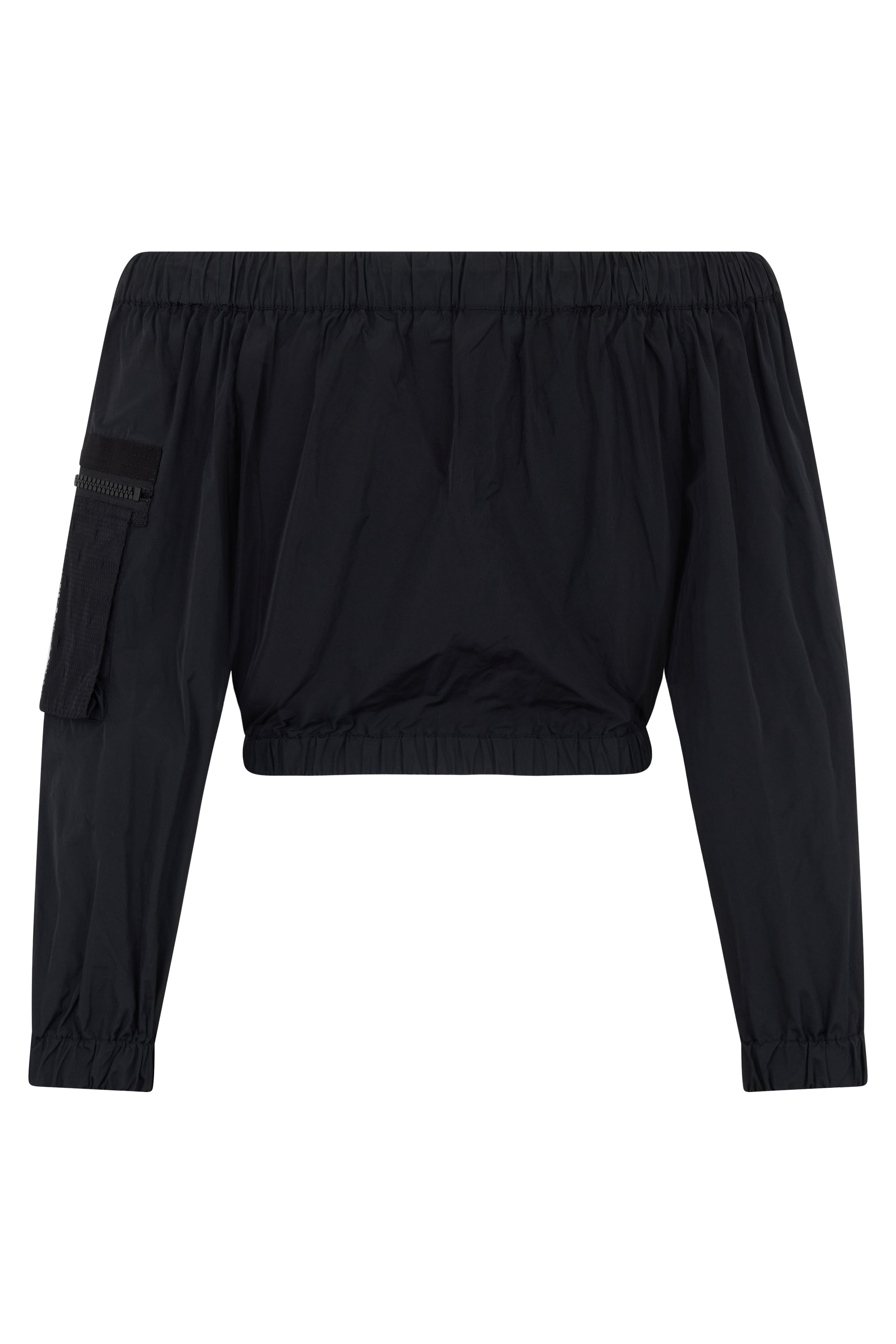 Black fitted cropped jacket with zip and pockets.