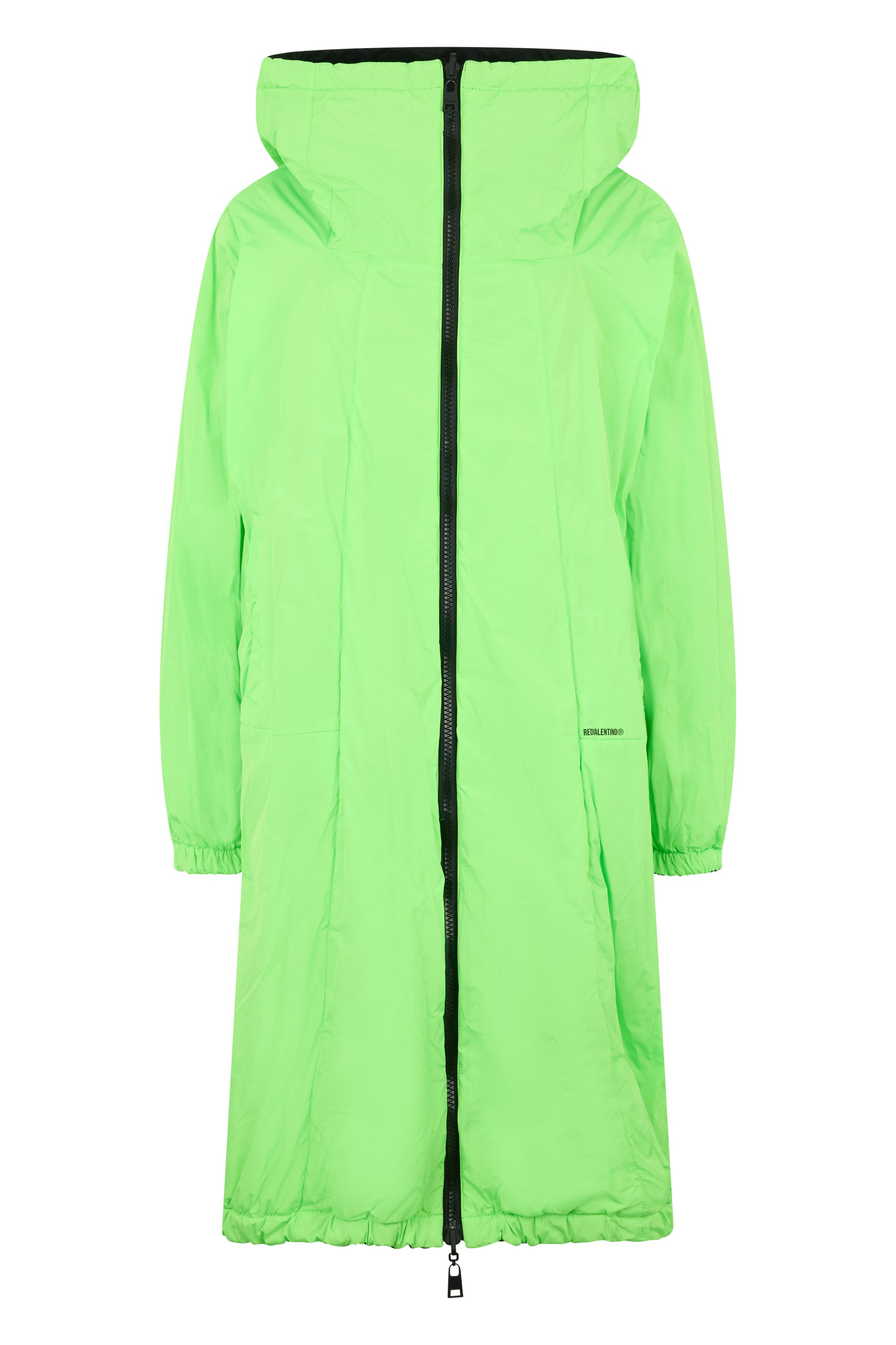 Long lime green jacket with a wide elegant collar.