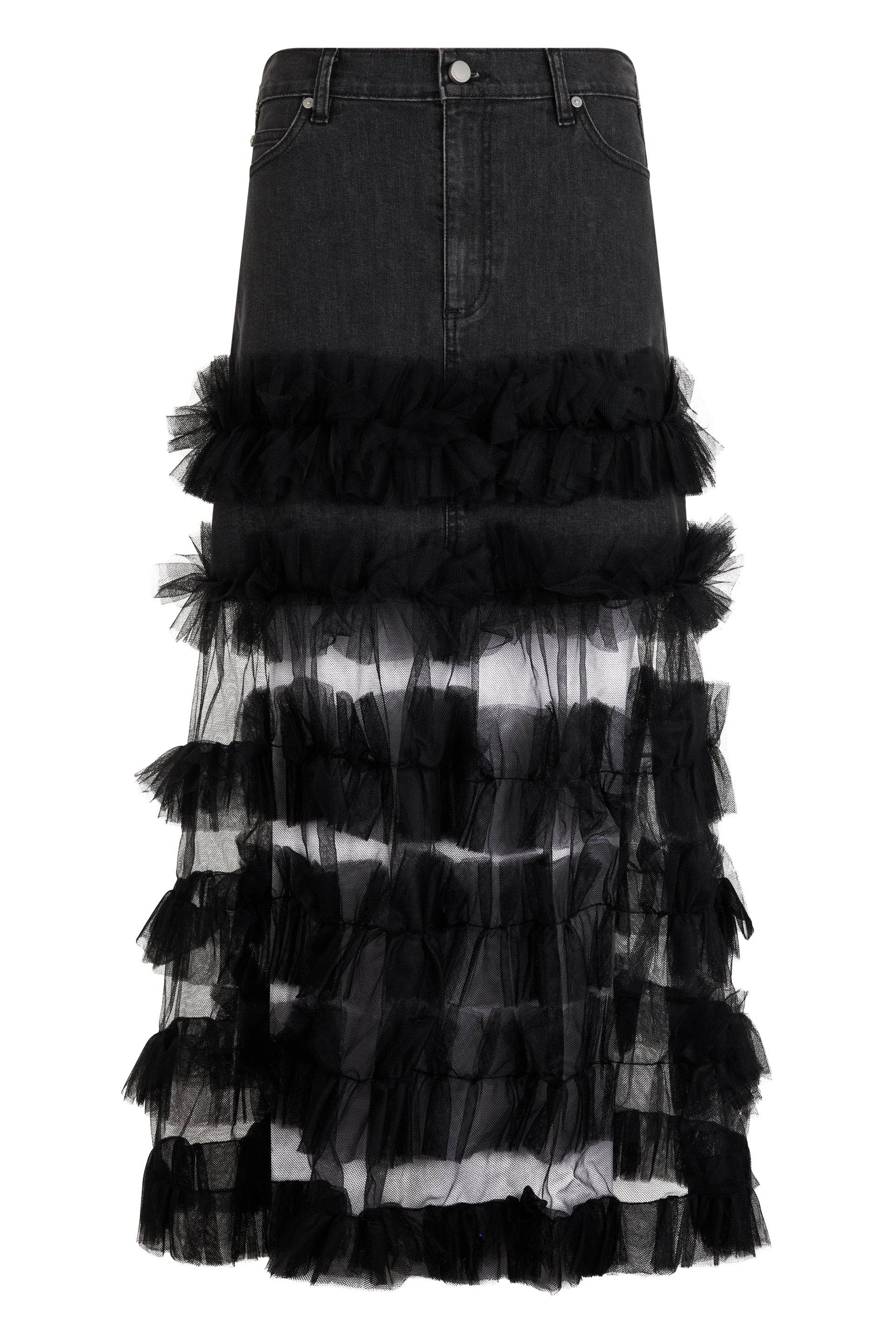 Long black denim skirt with tulle inserts.