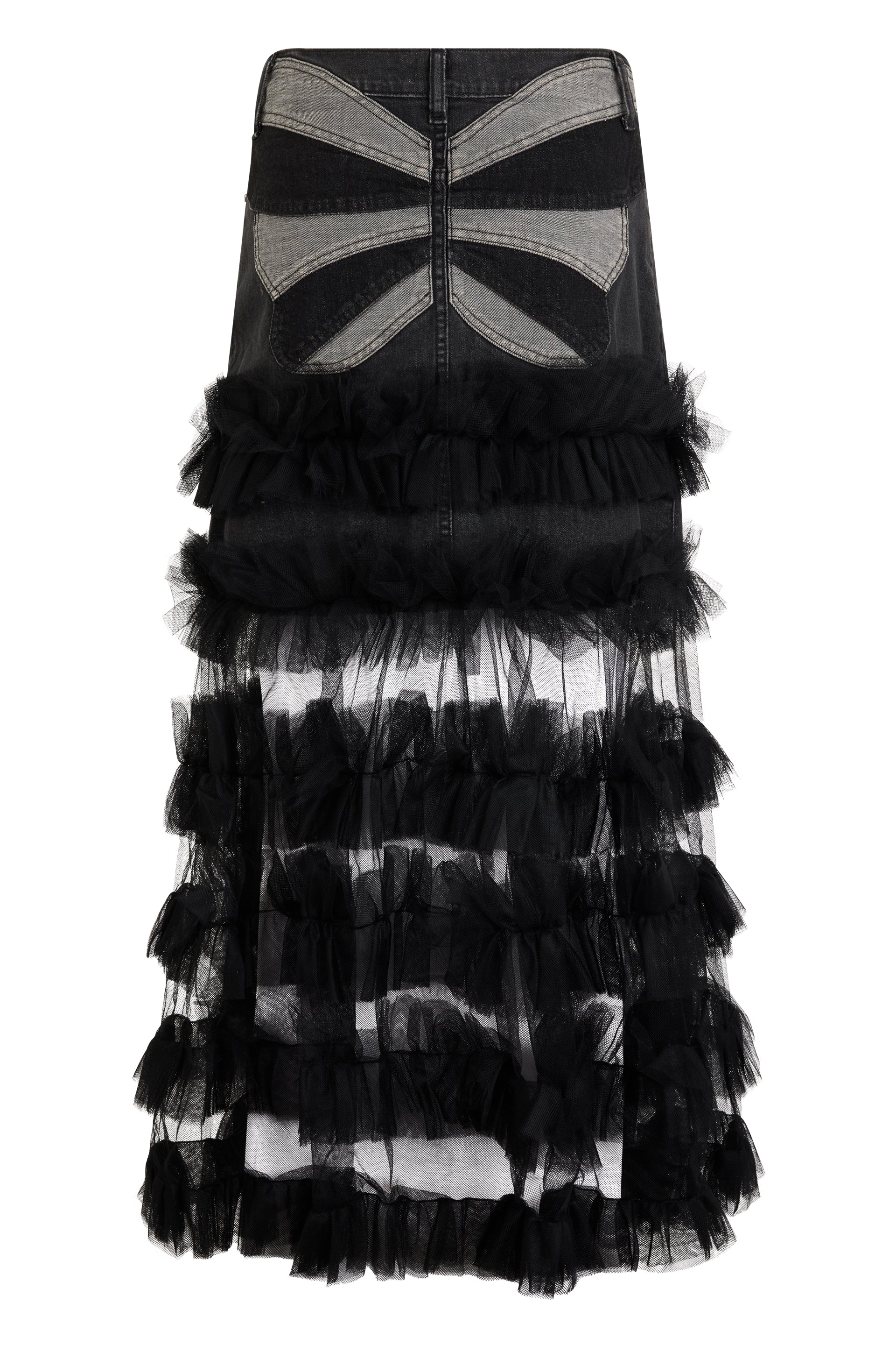 Long black denim skirt with tulle inserts.