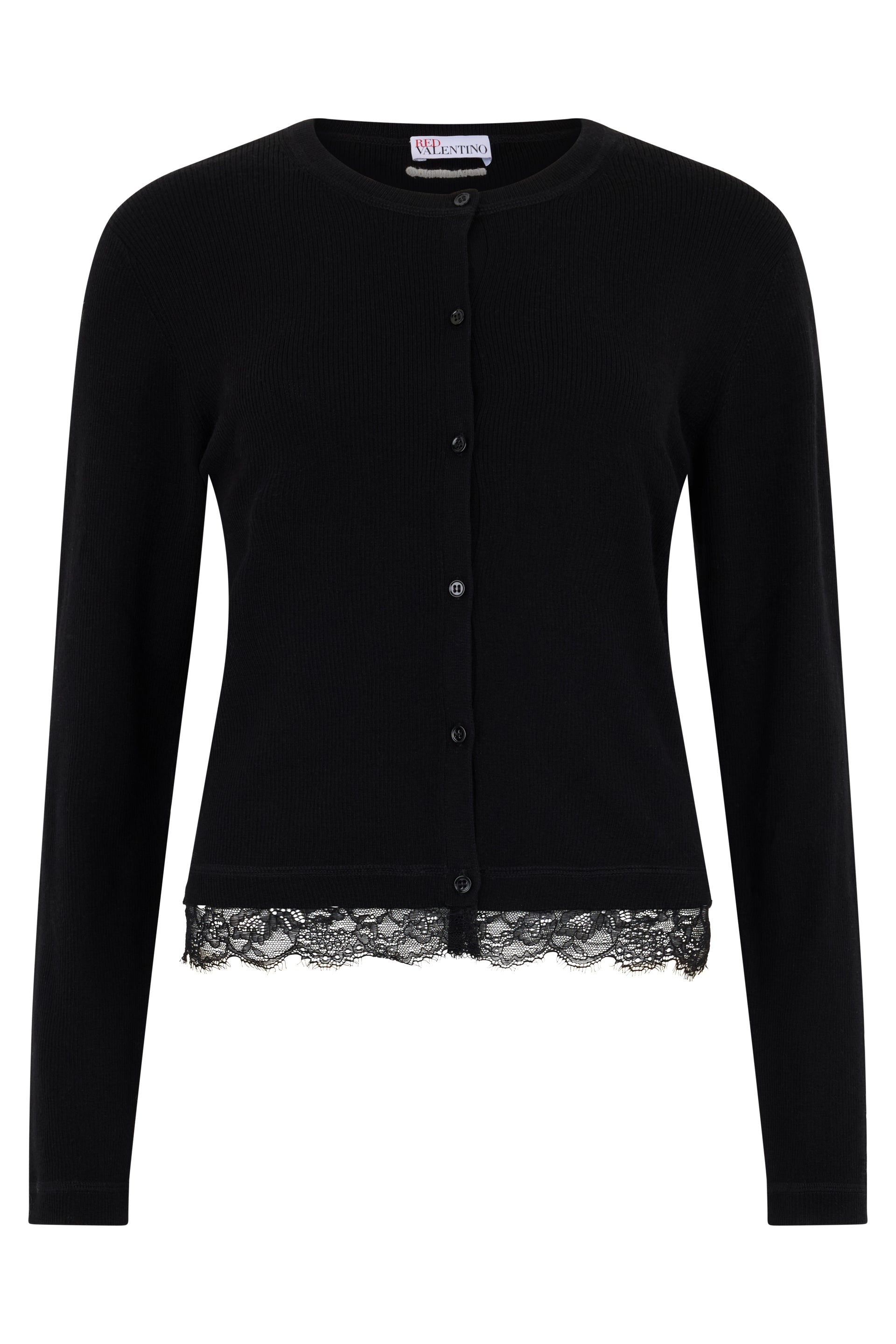 Elegant black cardigan with lace trim.