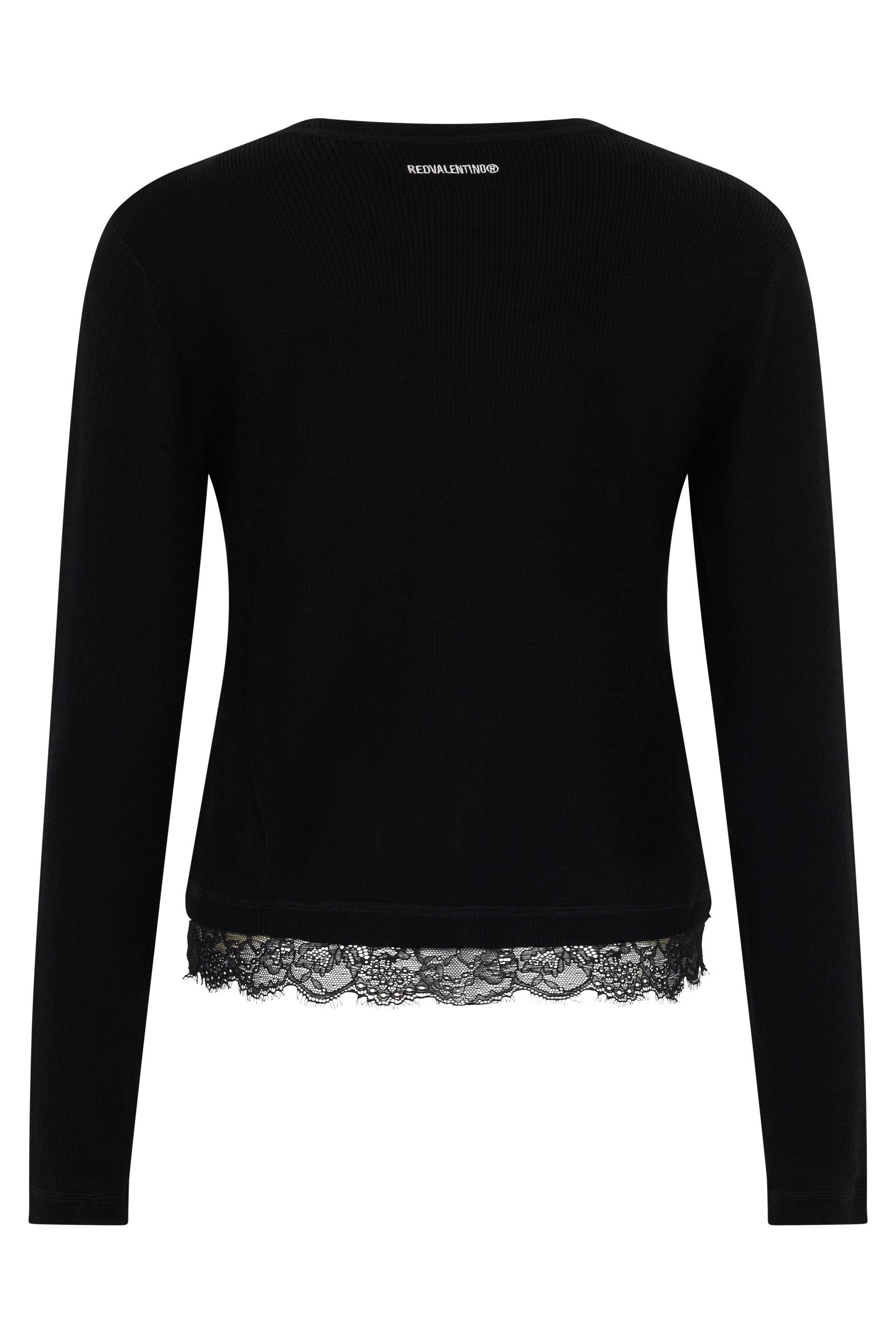 Elegant black cardigan with lace trim.