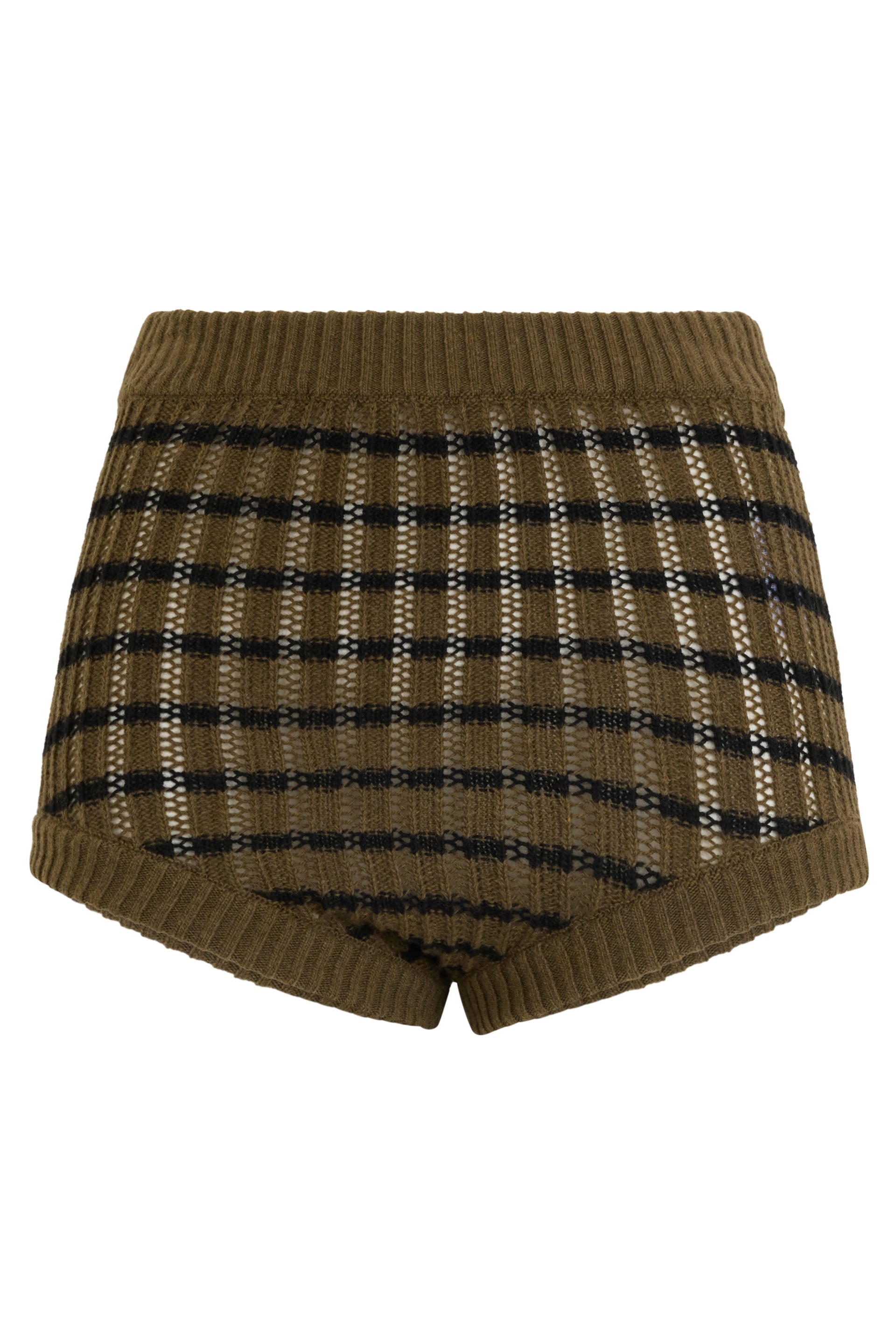 Brown summer shorts with black stripes.