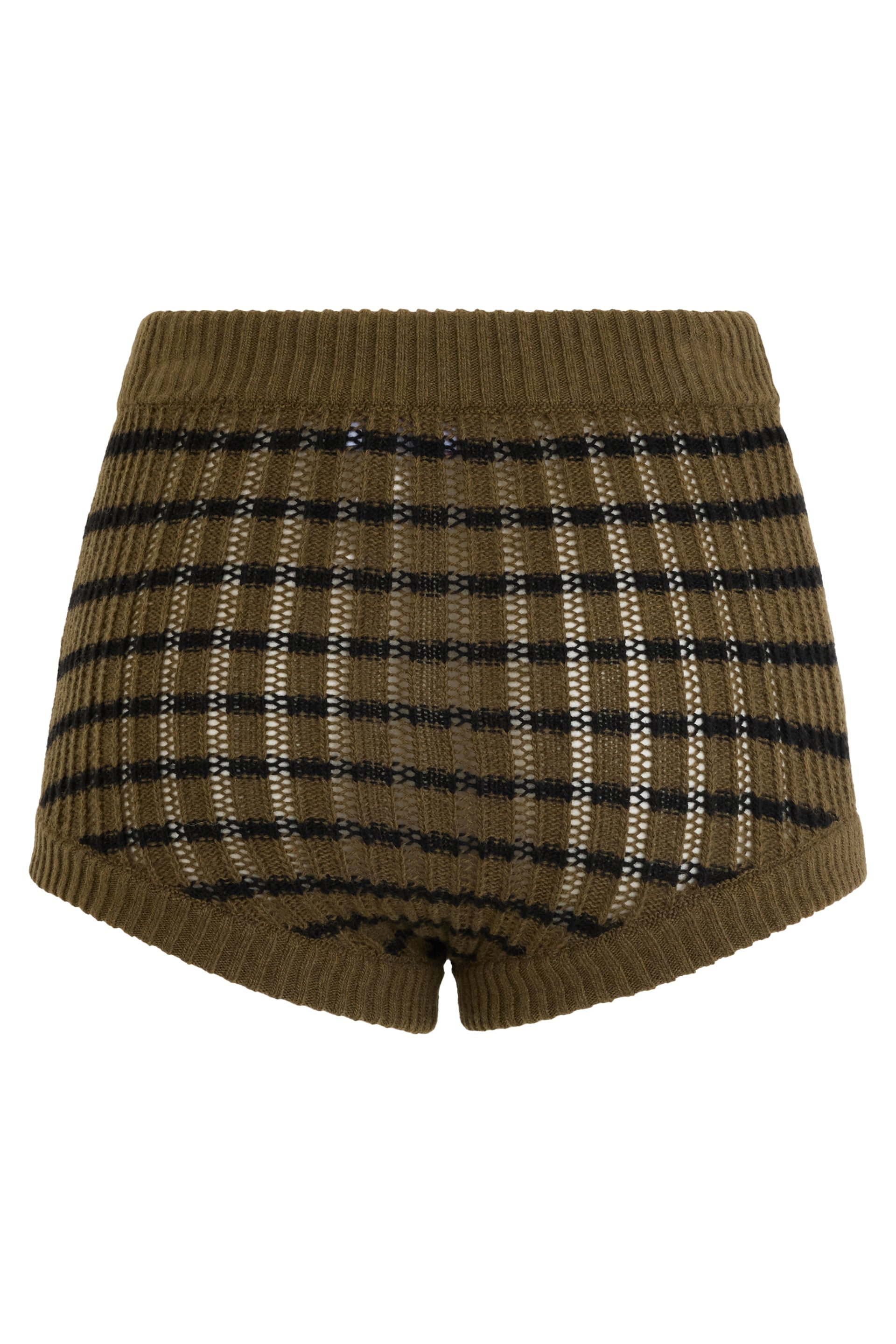 Brown summer shorts with black stripes.