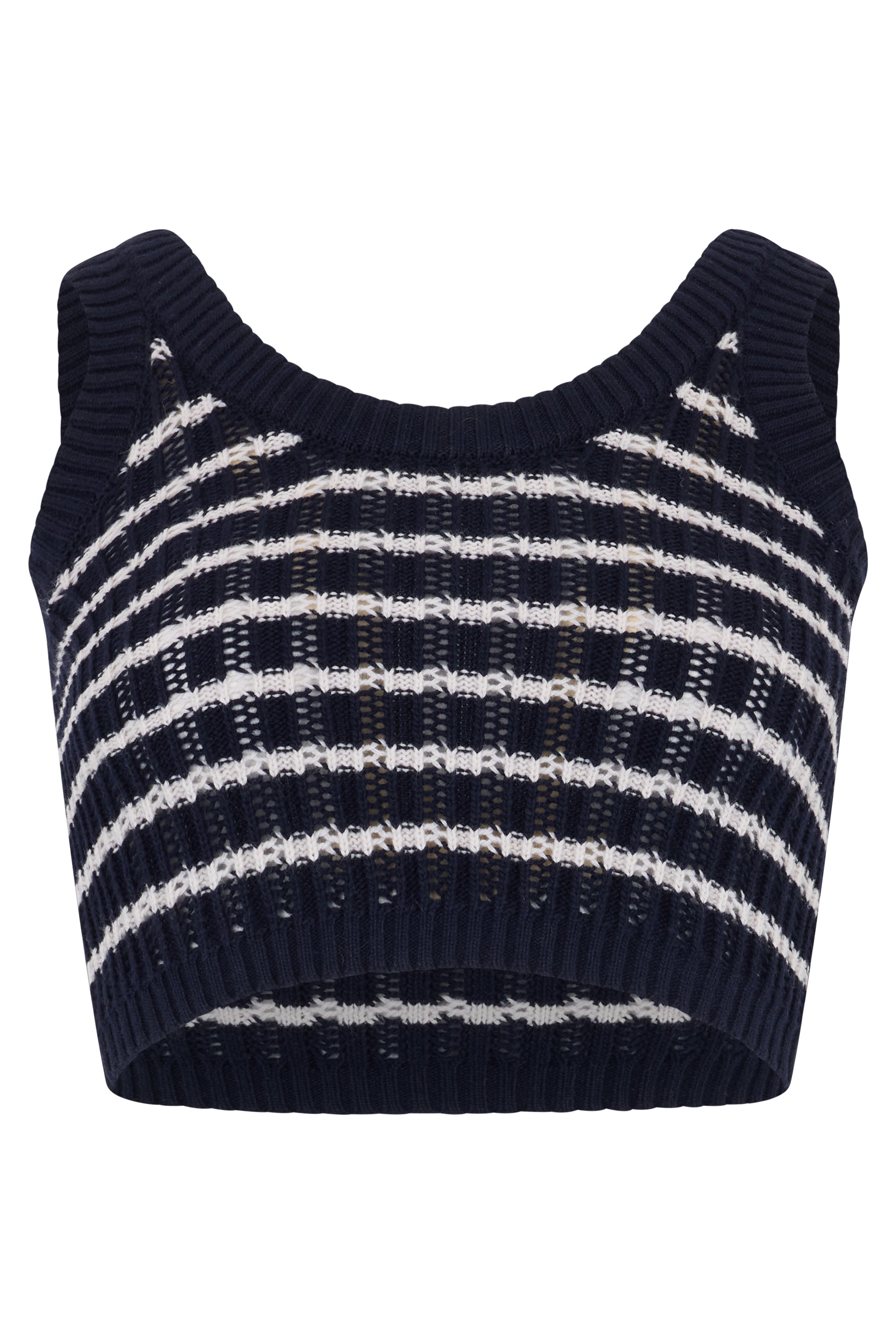 Short dark blue striped top, casual and versatile.