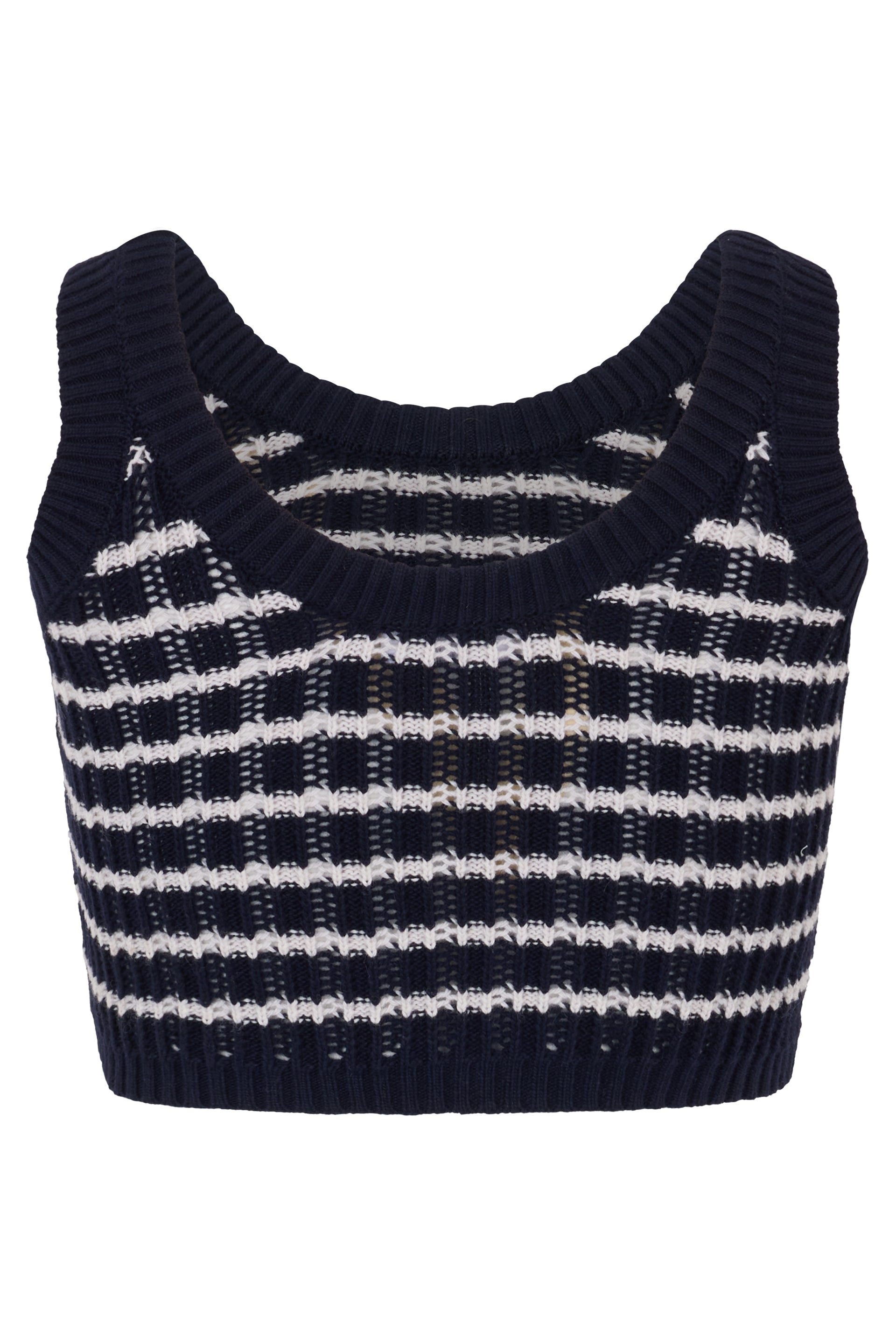 Short dark blue striped top, casual and versatile.