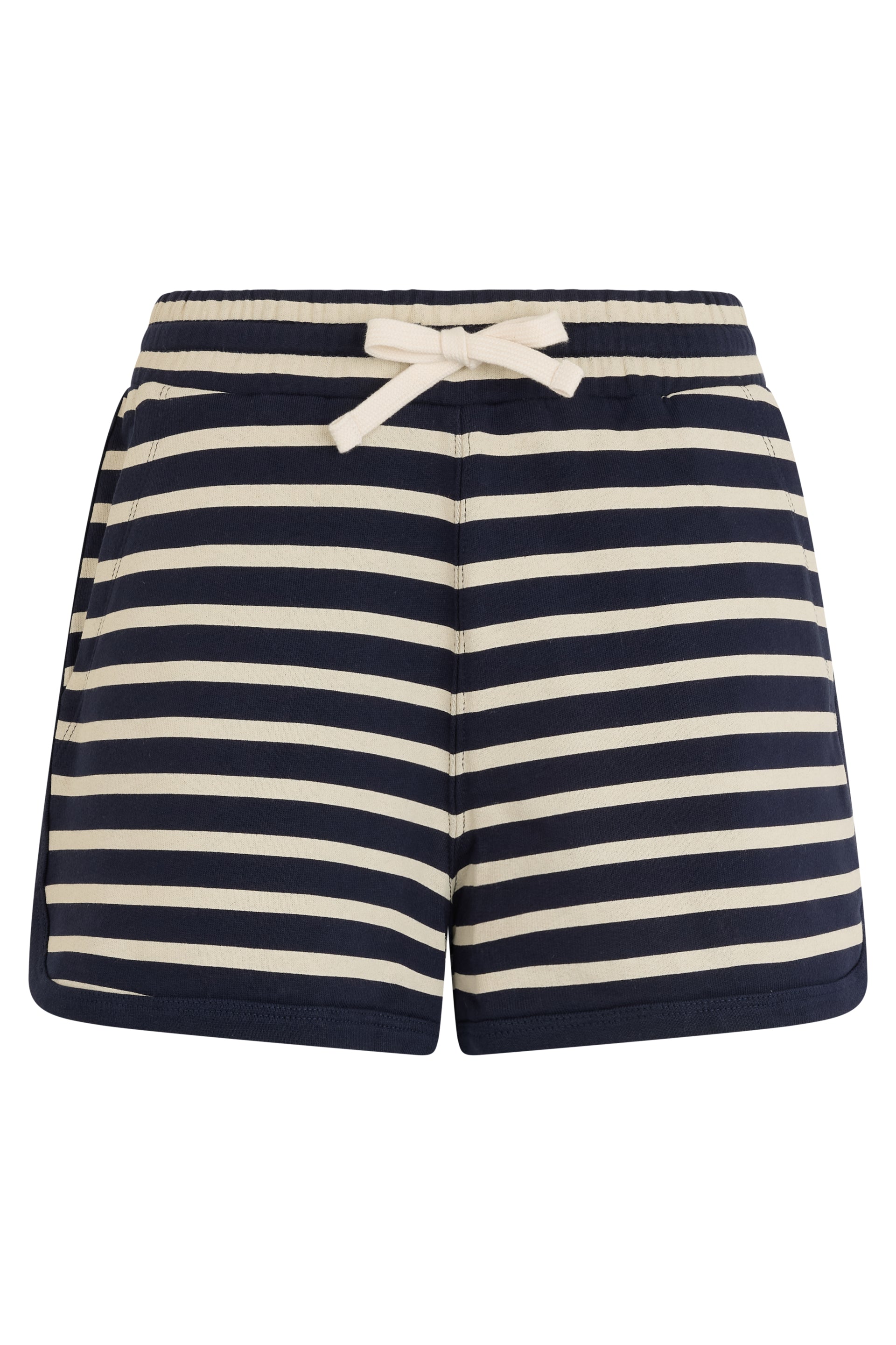 Striped shorts in off-white and dark blue, minimal and versatile.