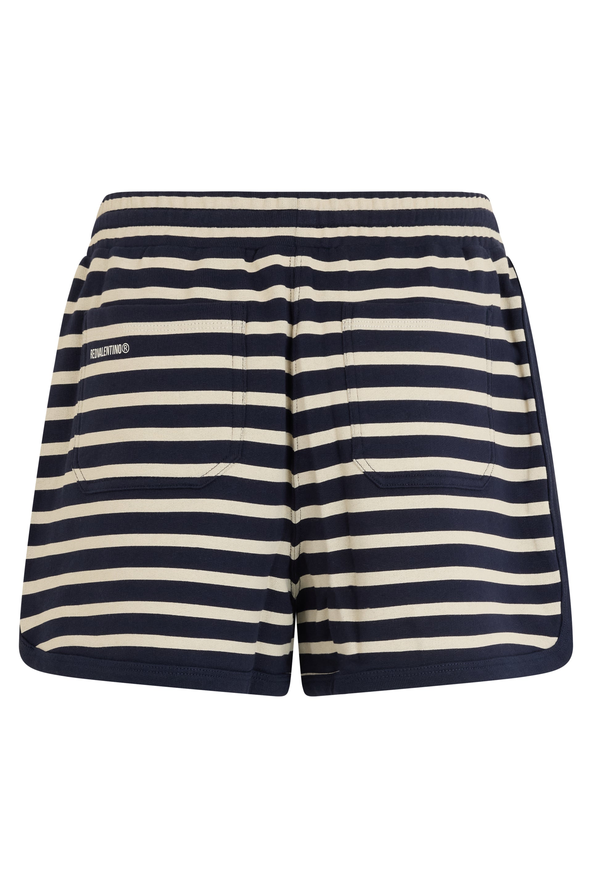 Striped shorts in off-white and dark blue, minimal and versatile.