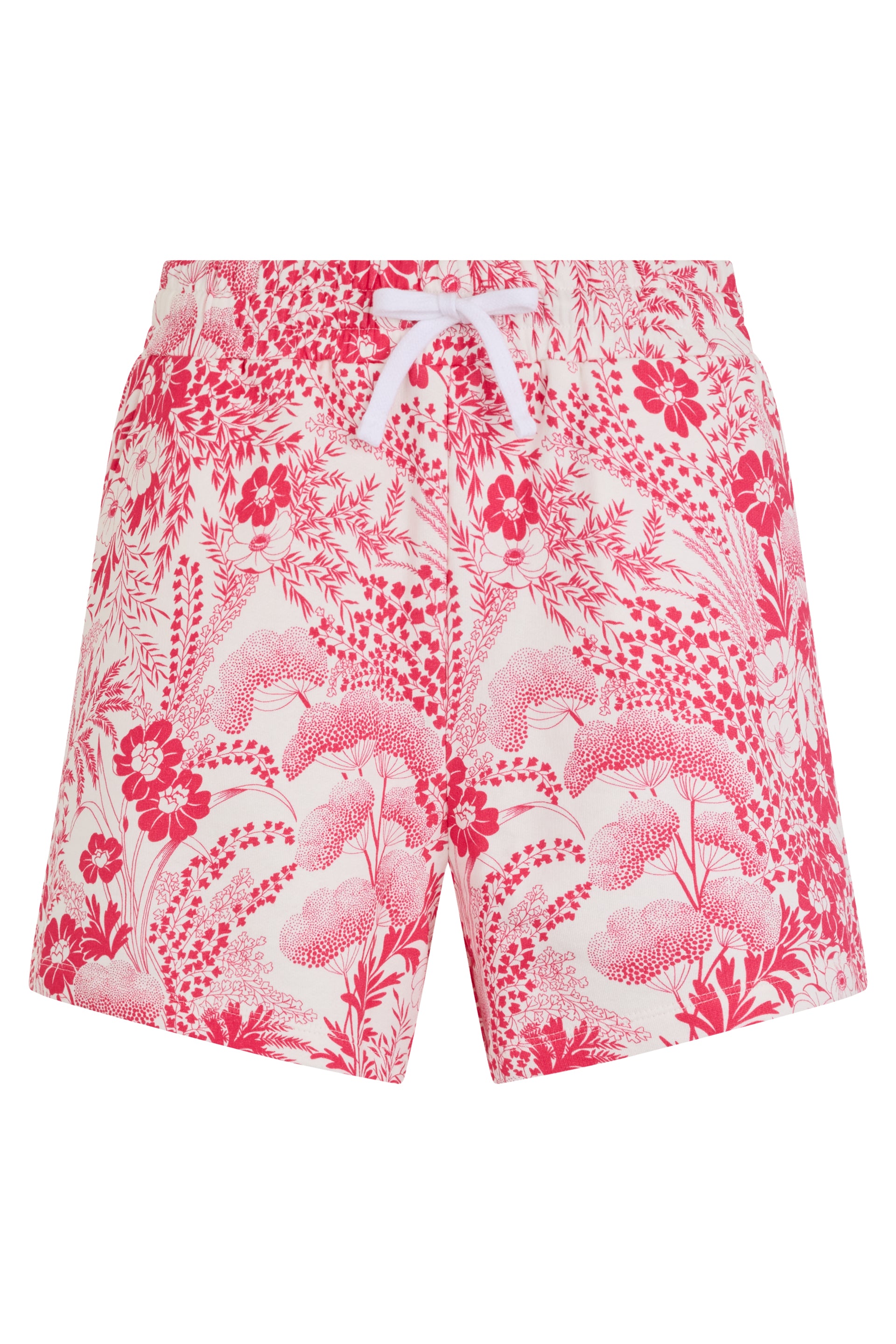 Short white cream pants with red floral print.