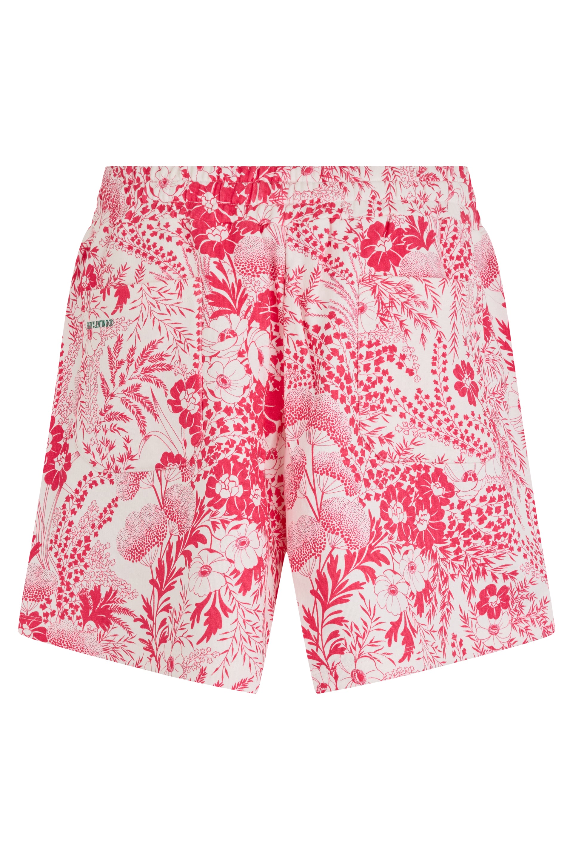 Short white cream pants with red floral print.