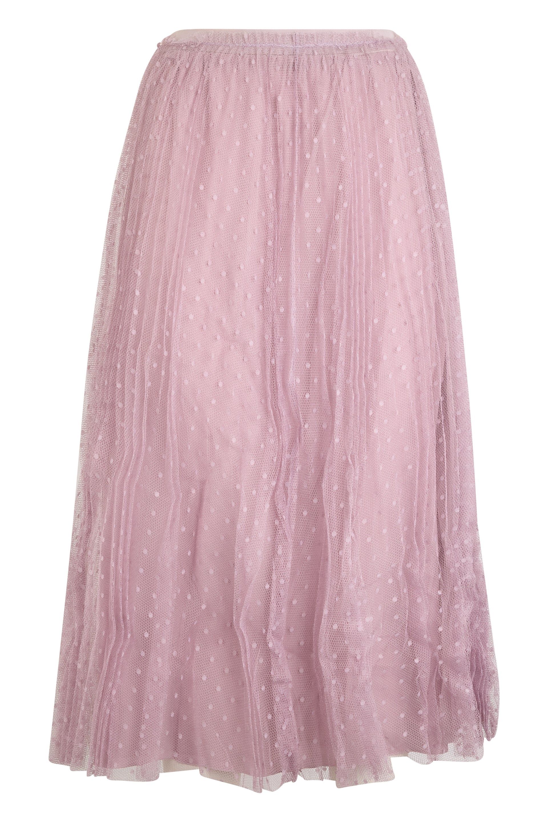 Pink pleated midi skirt, lightweight and versatile.