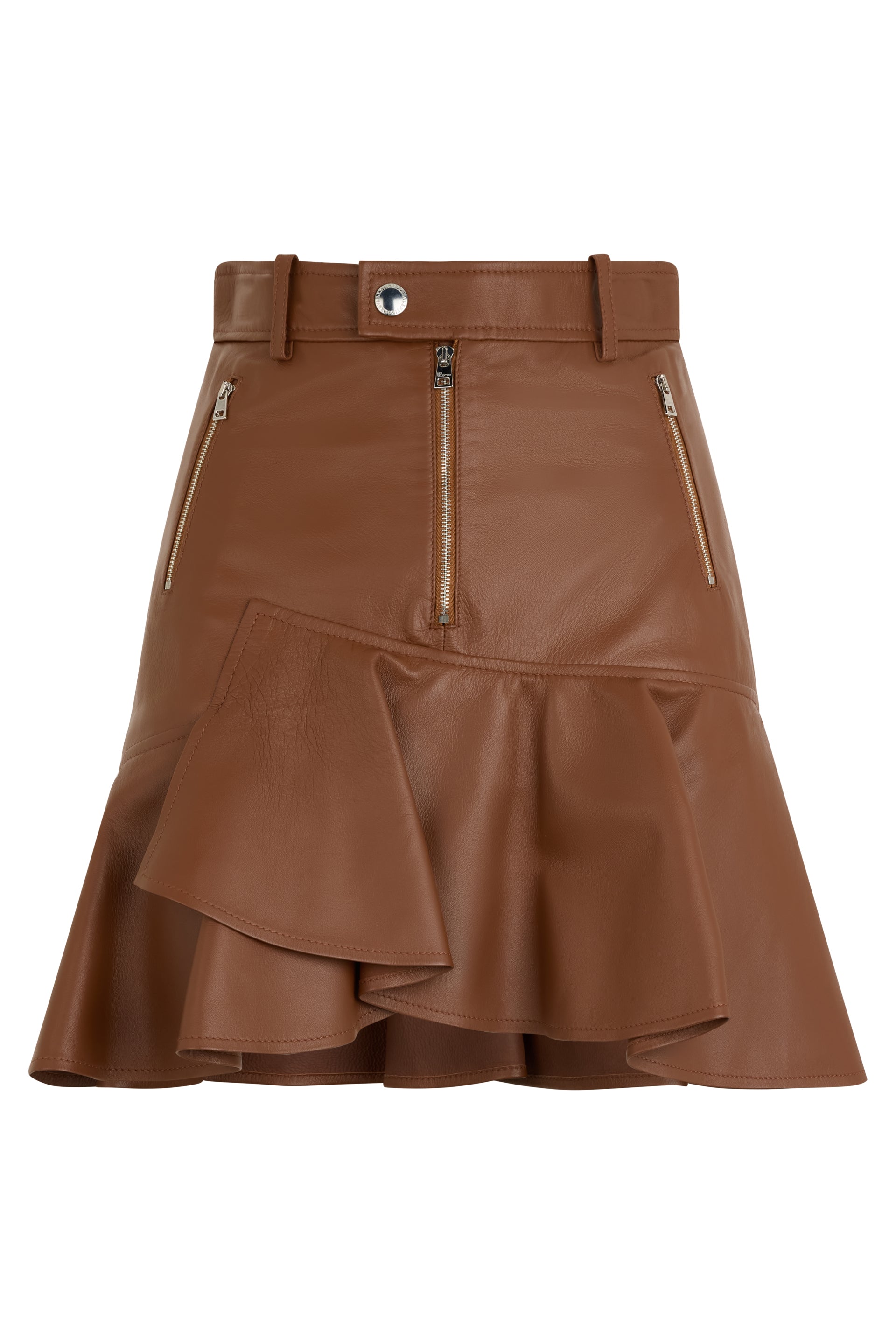 Brown leather short skirt, modern and chic.