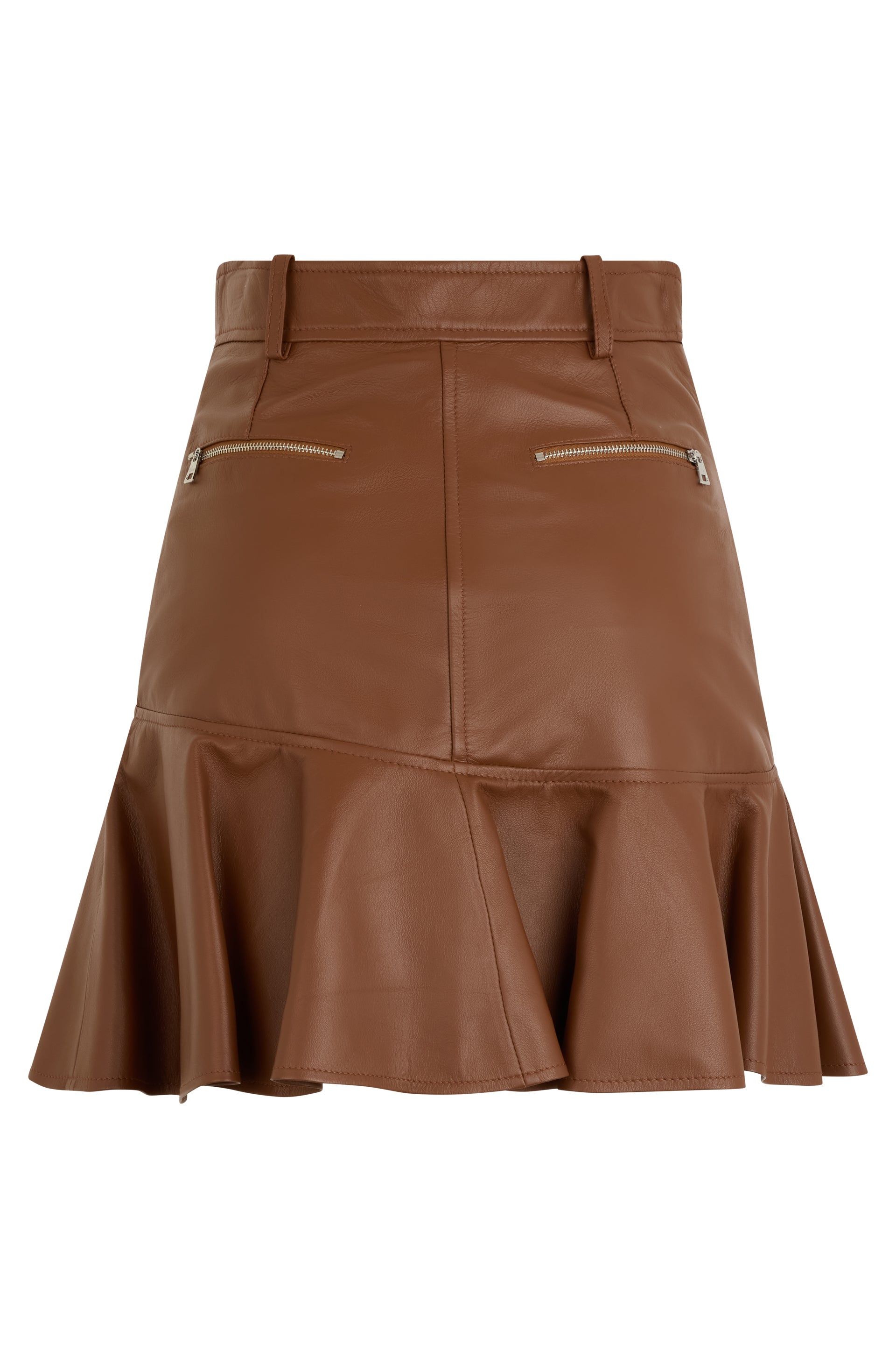 Brown leather short skirt, modern and chic.