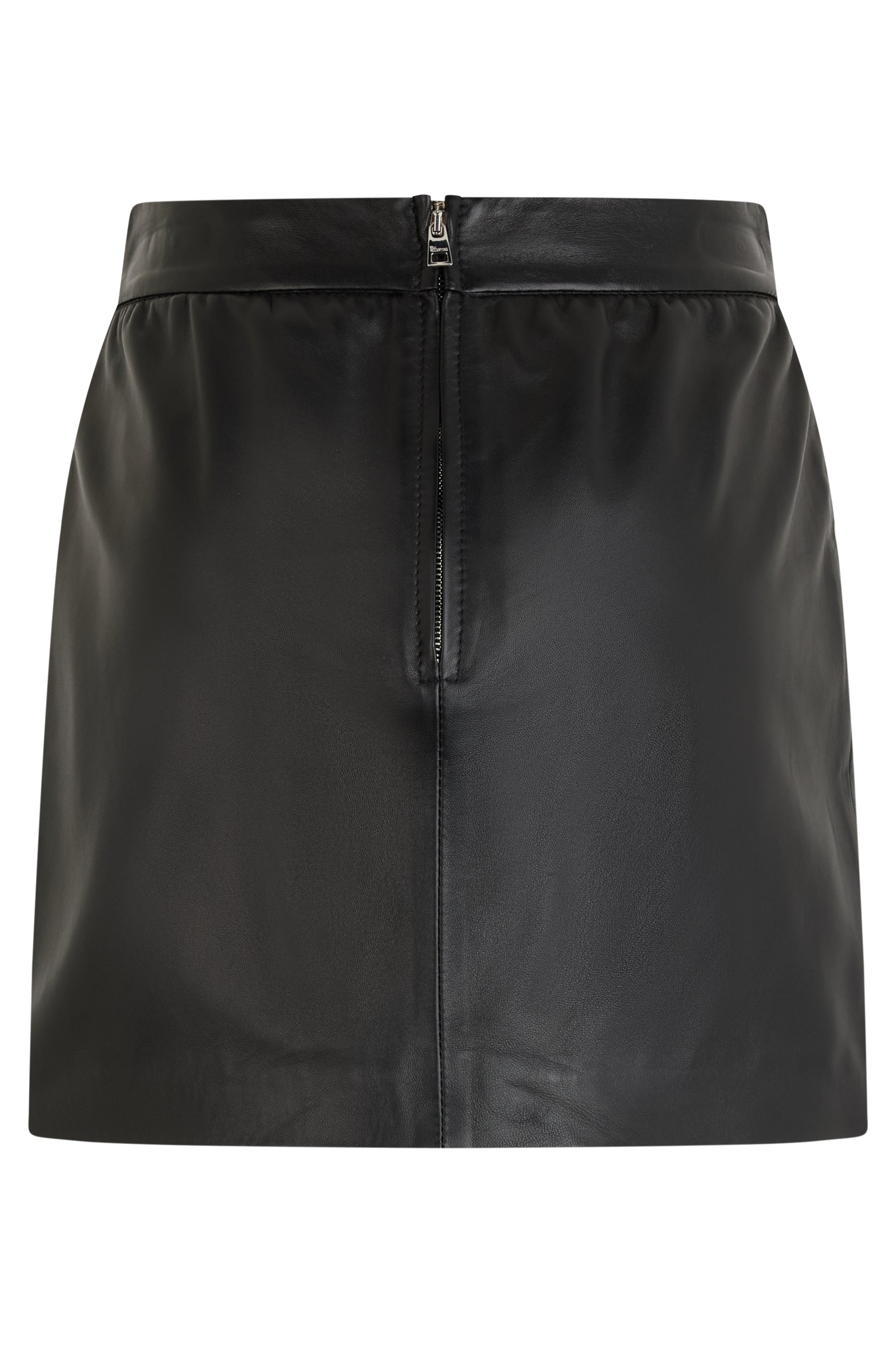 Elegant short black leather skirt.