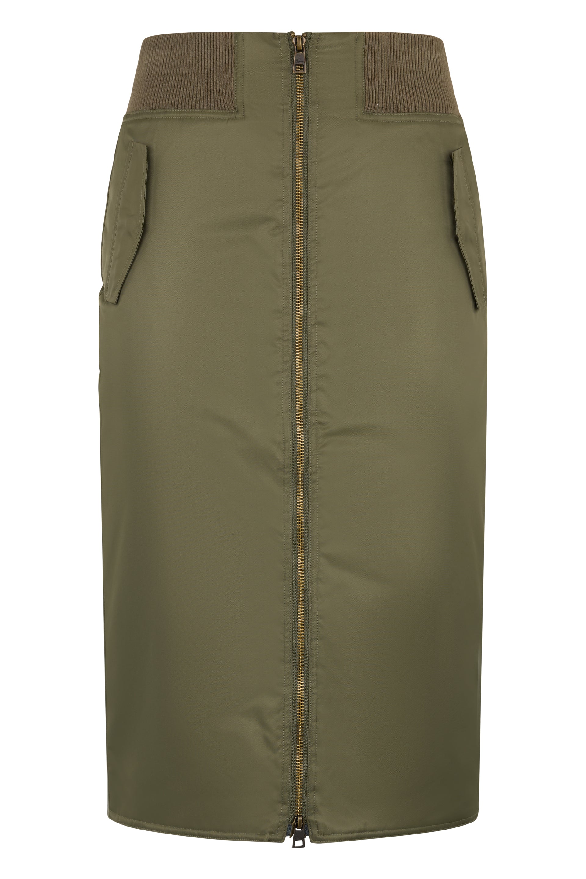 Knee-length olive green skirt with zipper in versatile and casual design.