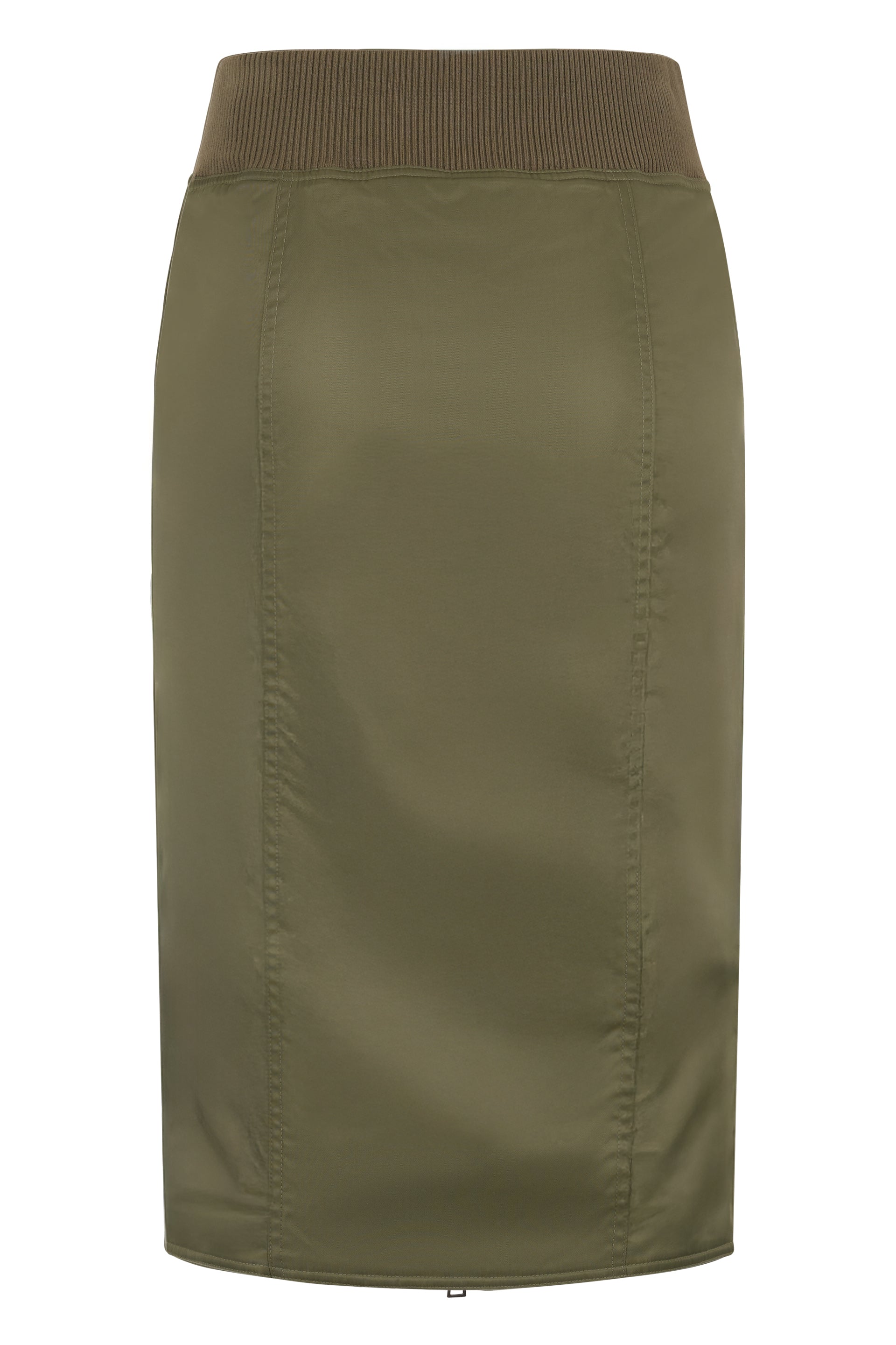Knee-length olive green skirt with zipper in versatile and casual design.