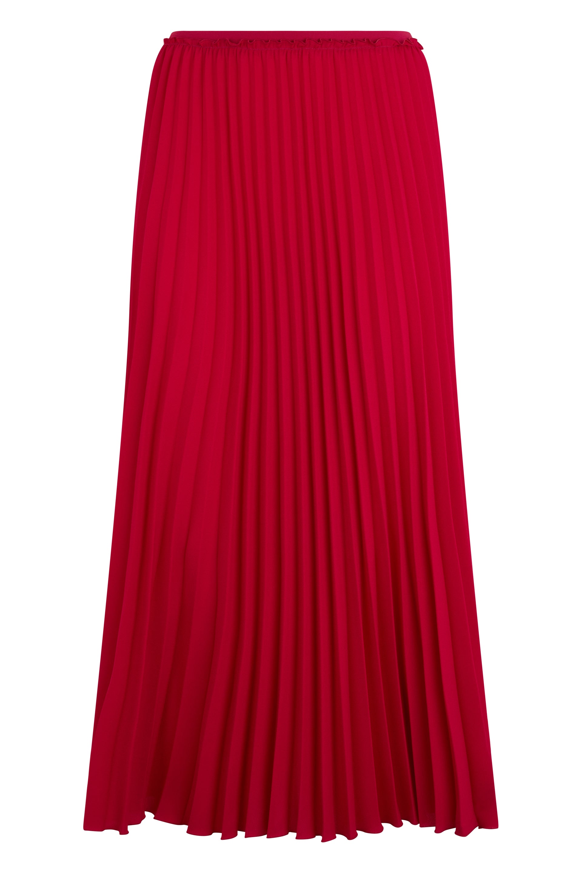 Red flowing midi dress, elegant and versatile.