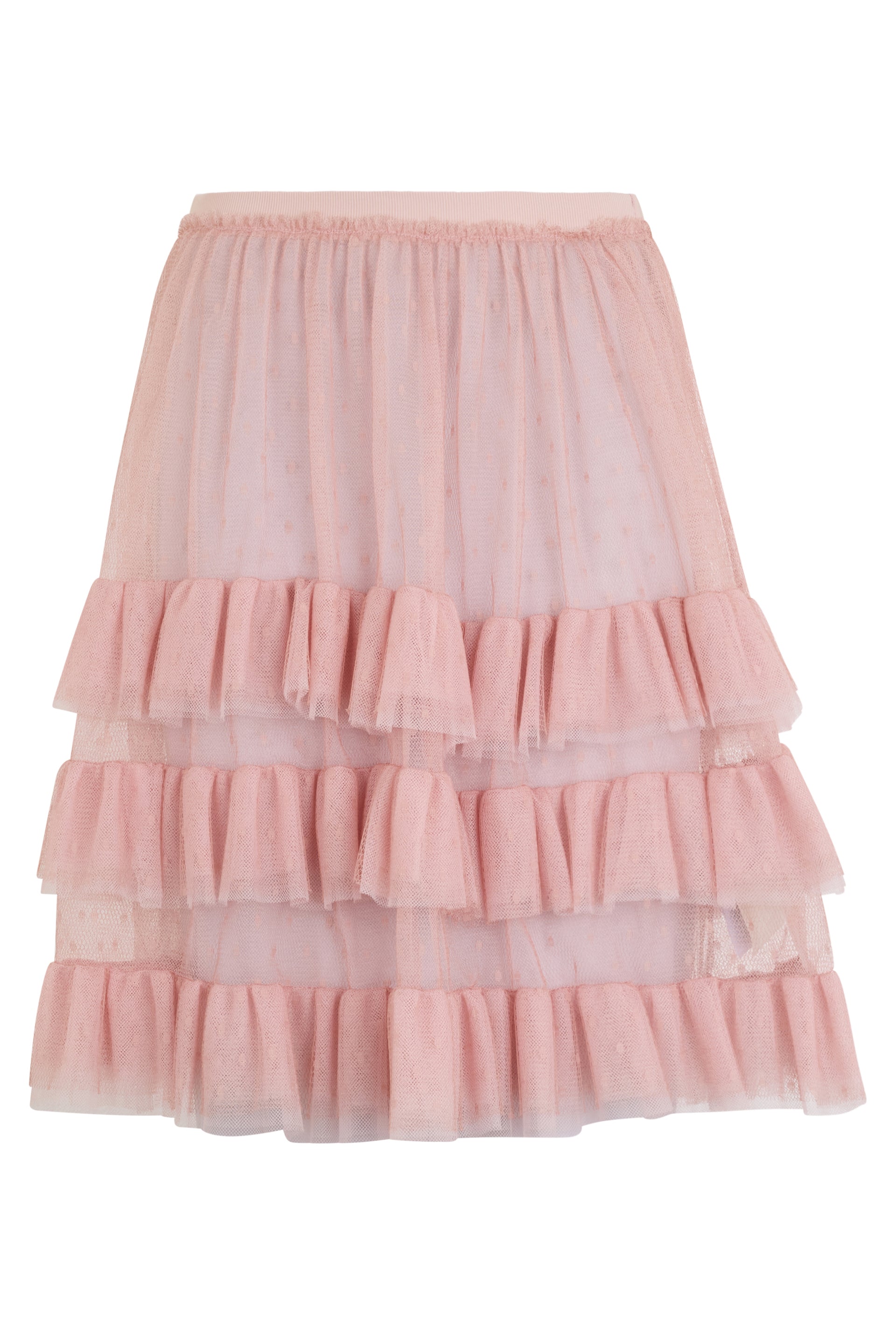 Short pink knee-length skirt with layers and ruffles.