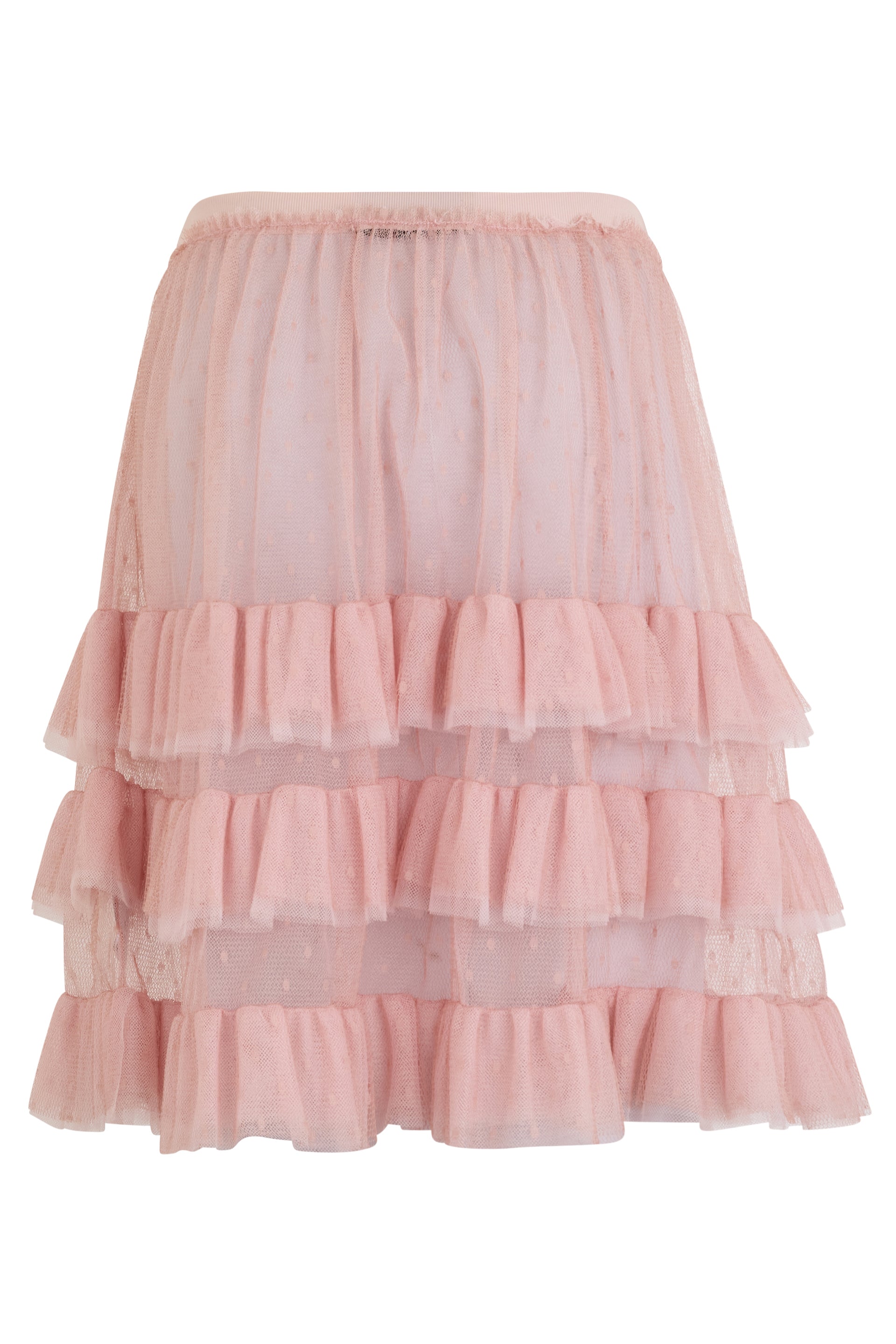 Short pink knee-length skirt with layers and ruffles.