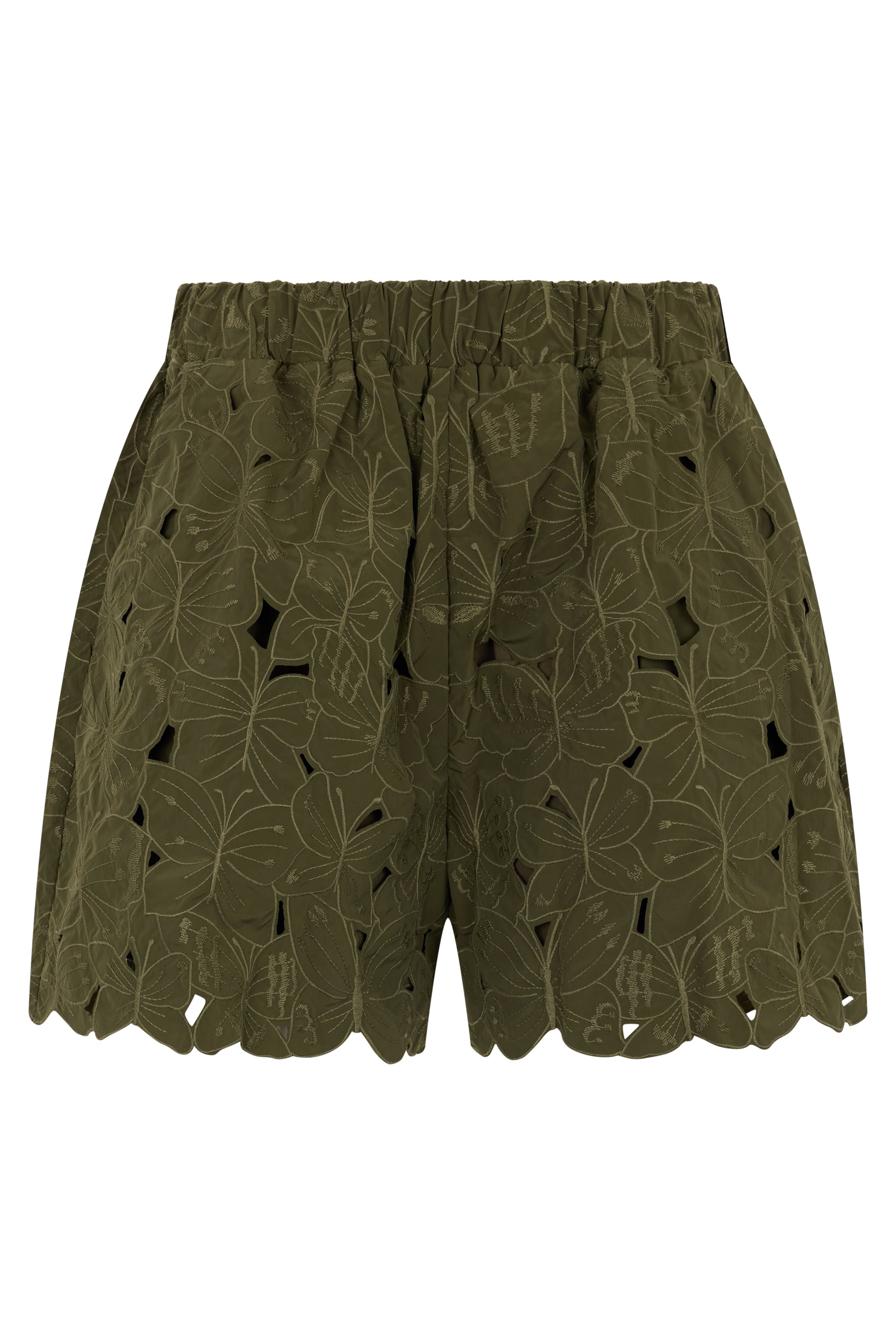 Light olive green summer shorts with perforations.