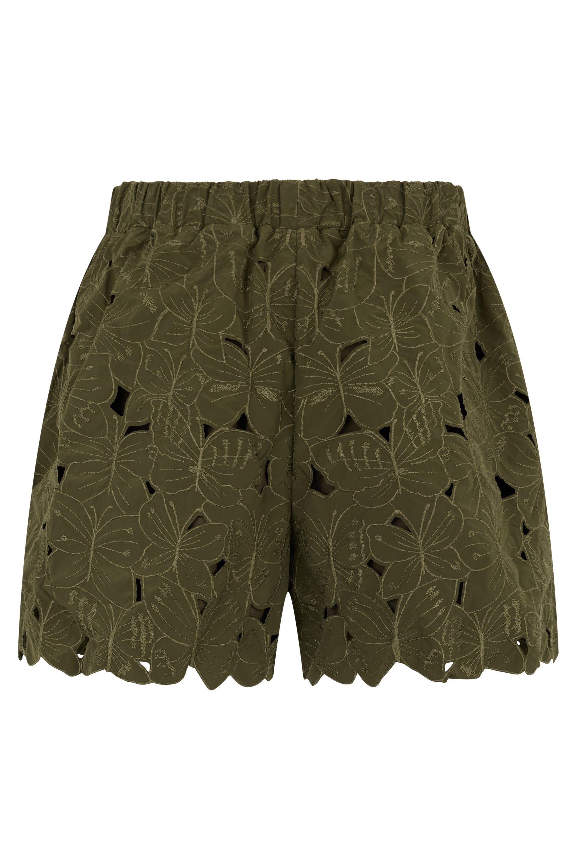 Light olive green summer shorts with perforations.